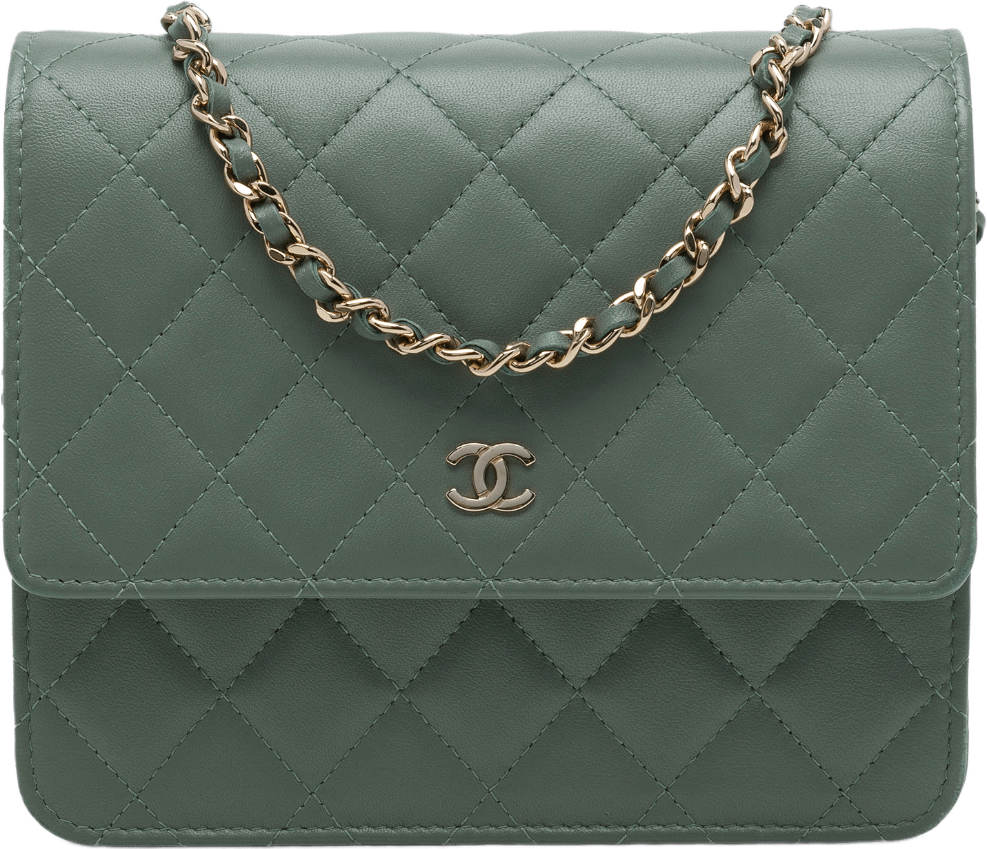 Chanel Cc Square Quilted Lambskin Wallet On Chain, från Luxclusif, i färgen grön.