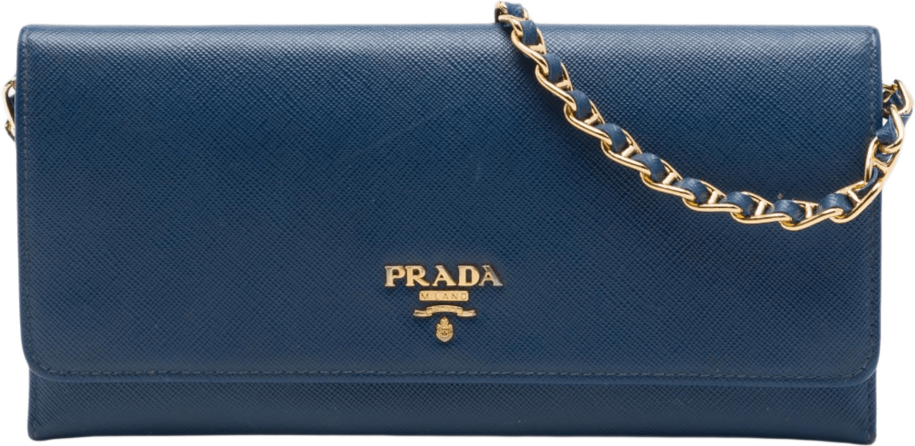 Prada Saffiano Wallet On Chain, från Luxclusif, i färgen blå.