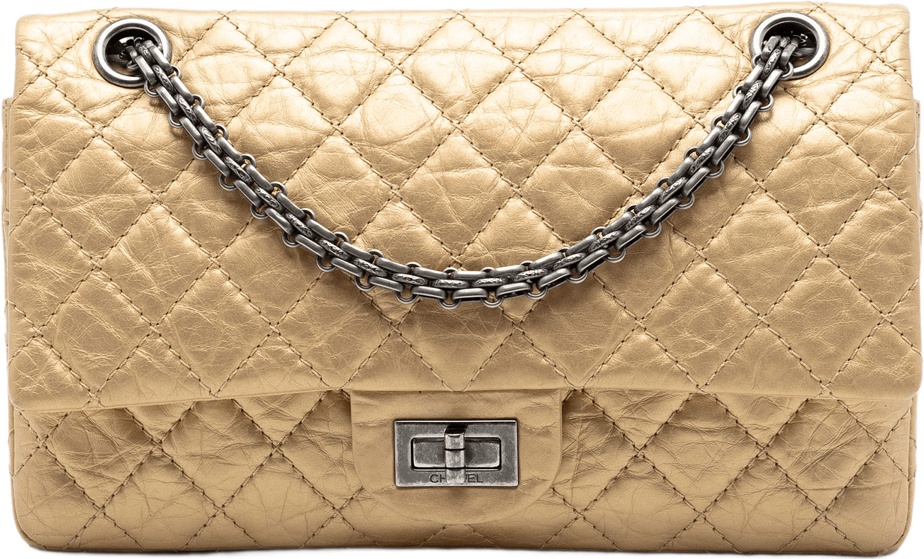 Chanel Quilted Aged Calfskin Reissue 2.55 Double Flap 225, från Luxclusif, i färgen gold.