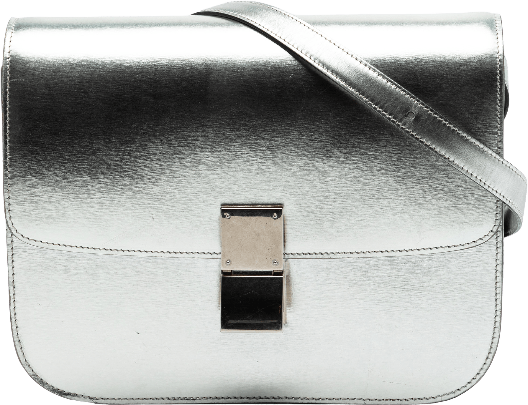 Celine Medium Calfskin Classic Box, från Luxclusif, i färgen silver.