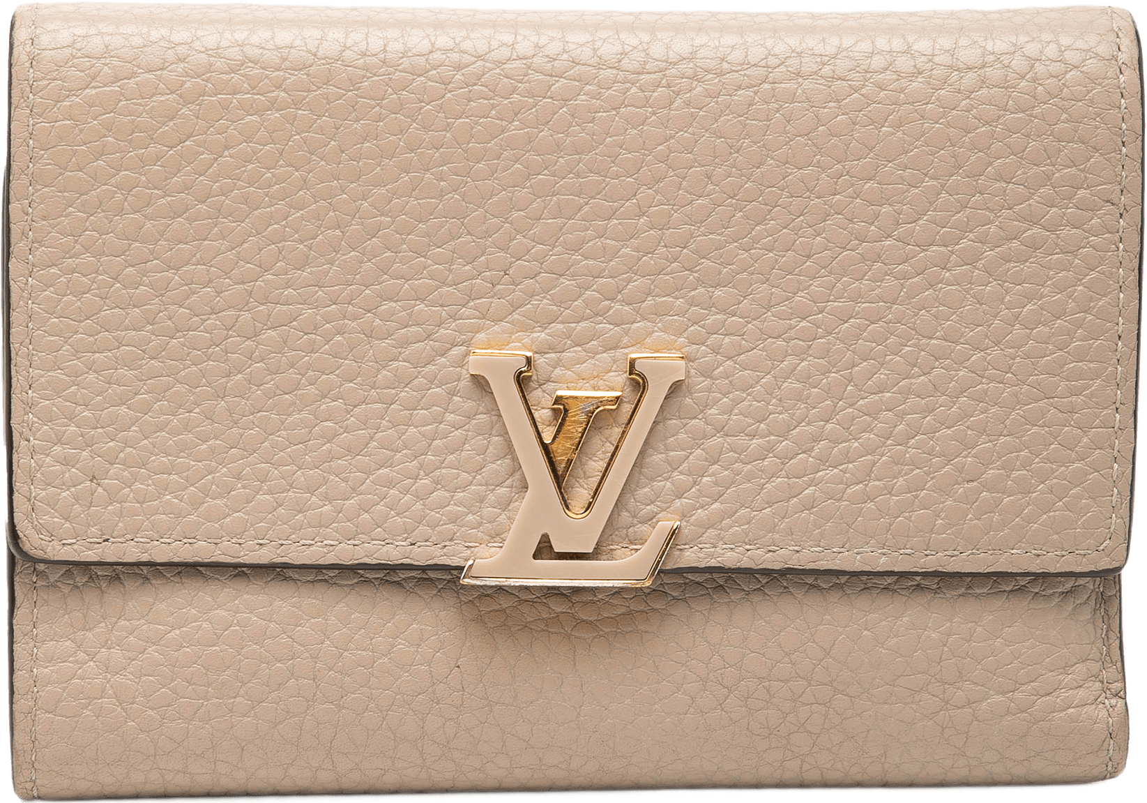 Louis Vuitton Taurillon Capucines Compact Wallet, från Luxclusif, i färgen beige.