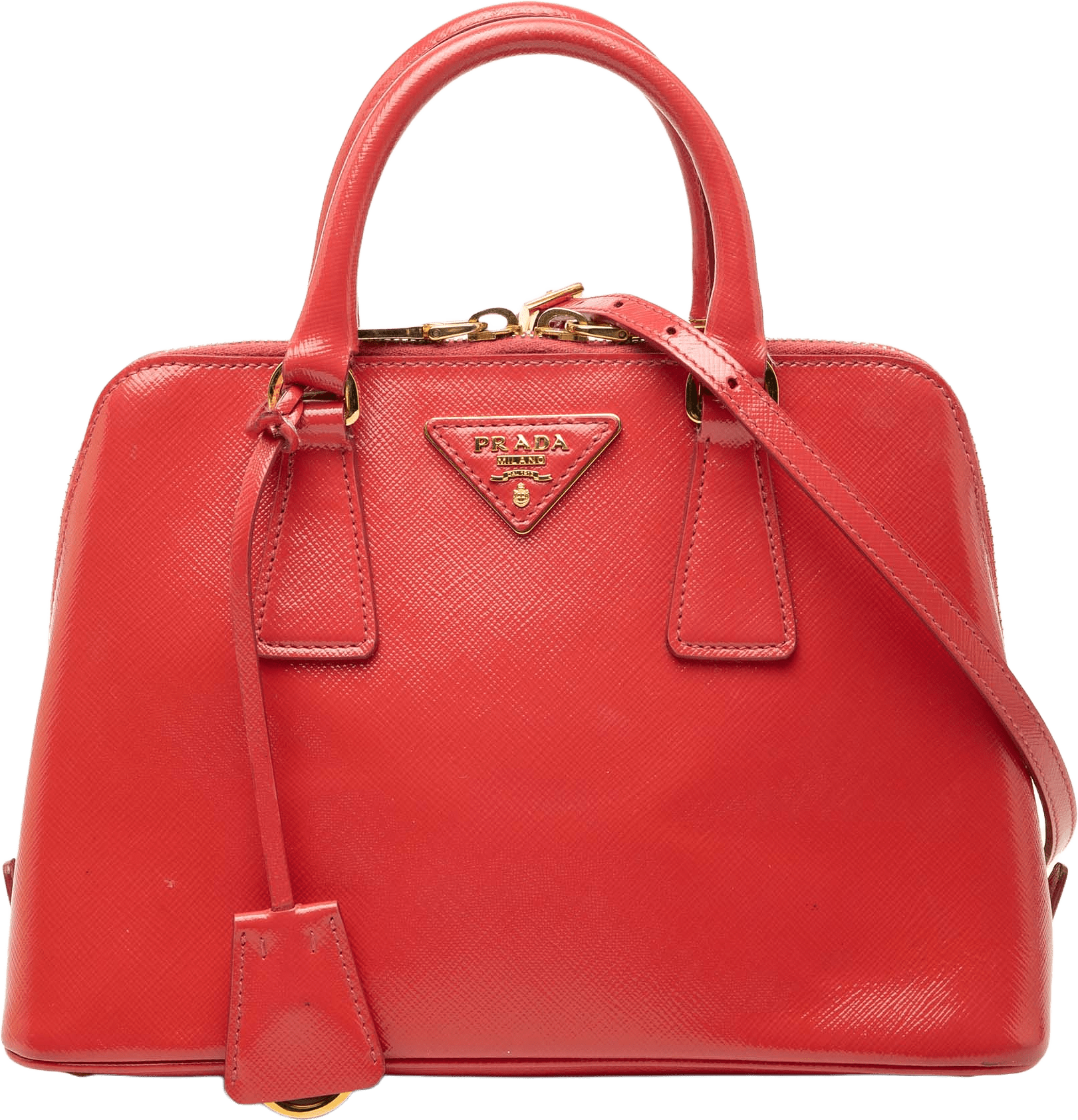 Prada Small Saffiano Vernice Promenade Satchel, från Luxclusif, i färgen red.