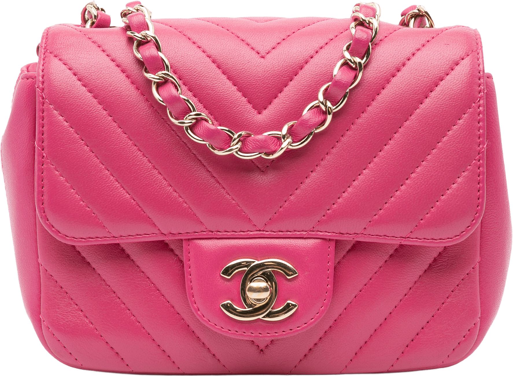 Chanel Mini Square Classic Chevron Lambskin Single Flap, från Luxclusif, i färgen pink.