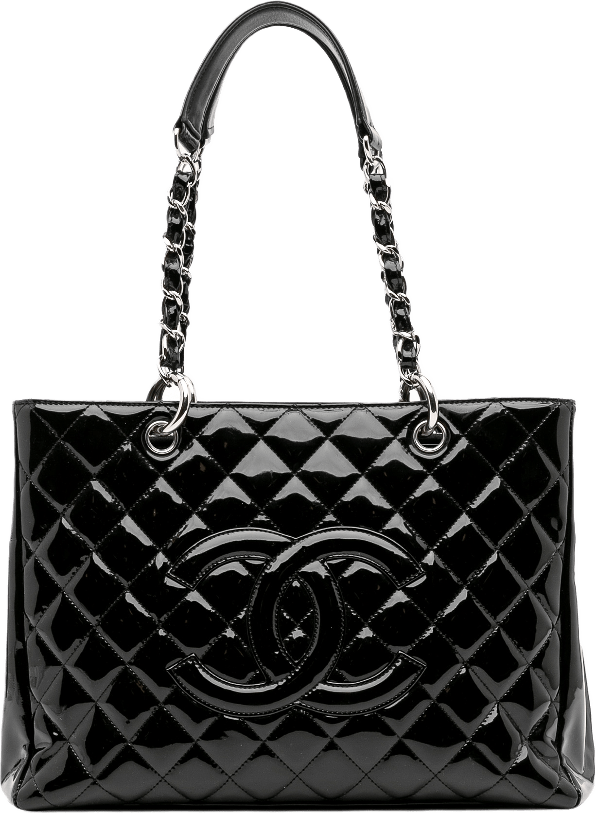 Chanel Patent Grand Shopping Tote, från Luxclusif, i färgen black.