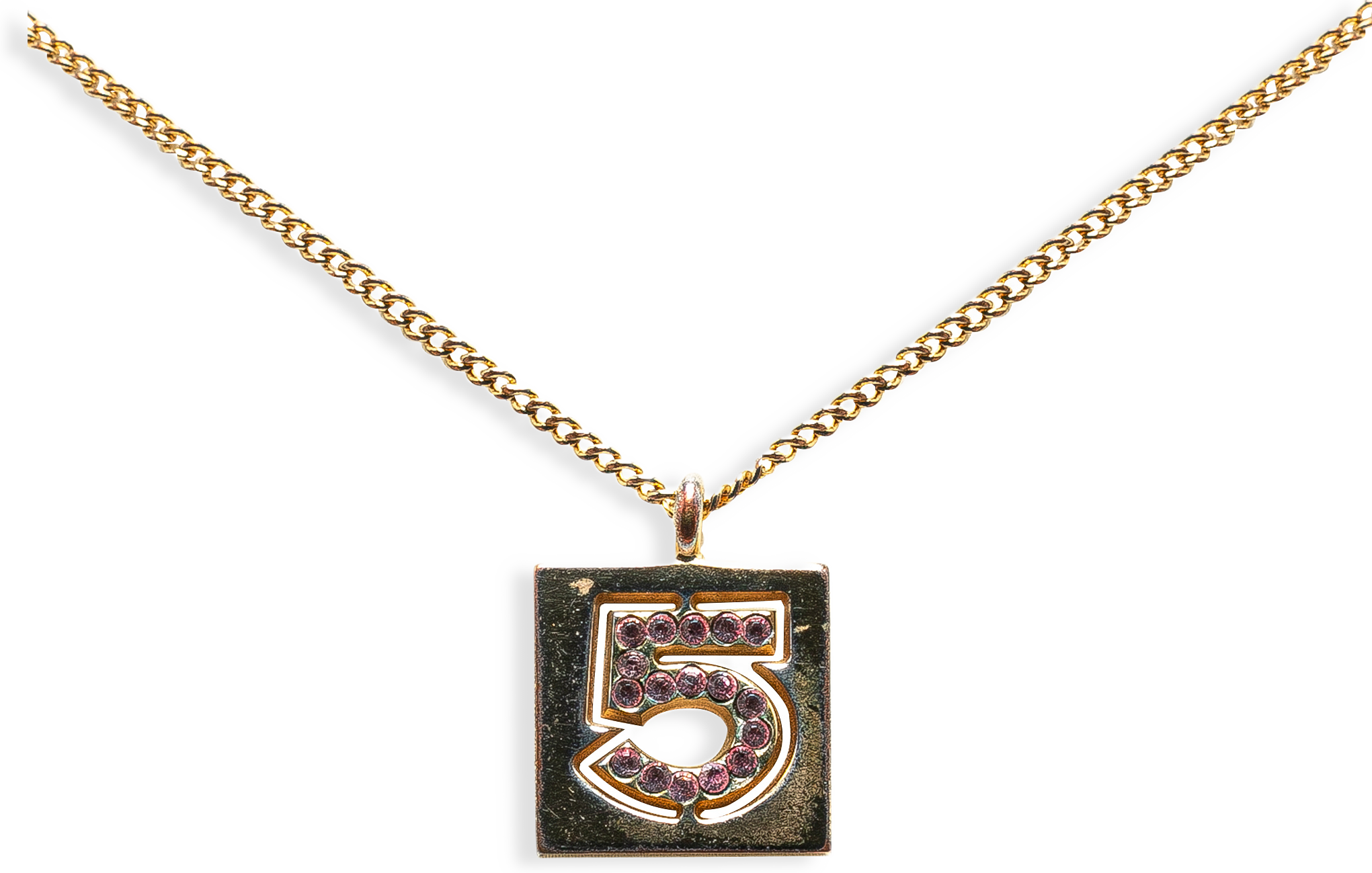 Chanel Gold Plated Rhinestone No.5 Square Necklace