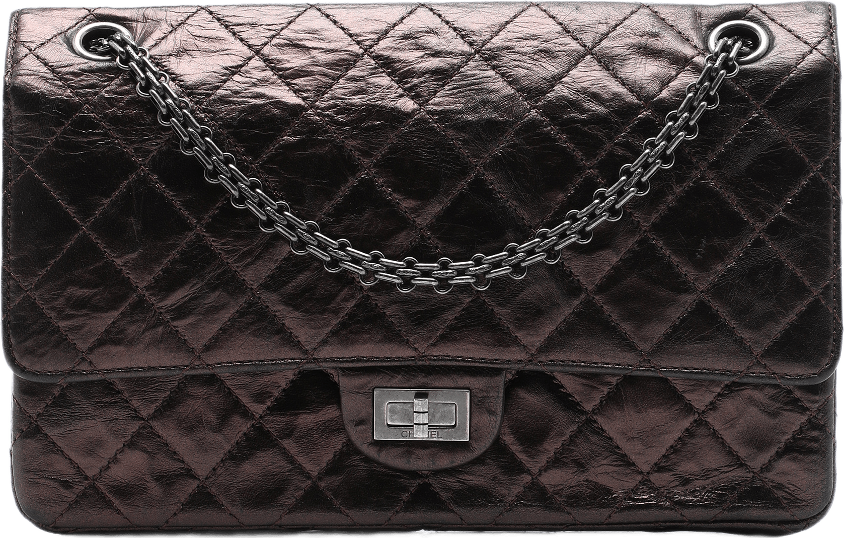 Chanel Quilted Metallic Aged Calfskin Reissue 2.55 Double Flap 226, från Luxclusif, i färgen brun.