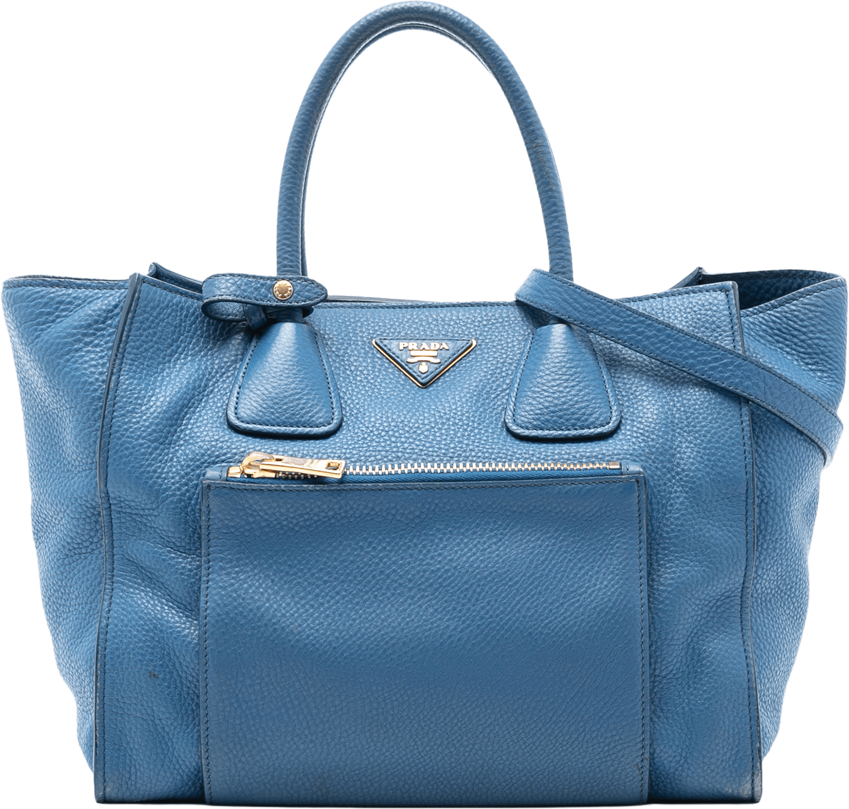 Prada Vitello Daino Front Pocket Open Convertible Tote, från Luxclusif, i färgen blue.