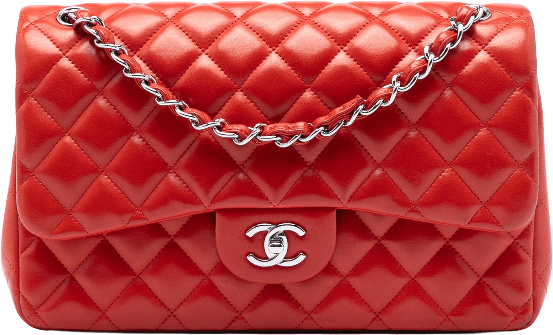 Chanel Jumbo Classic Lambskin Double Flap, från Luxclusif, i färgen red.