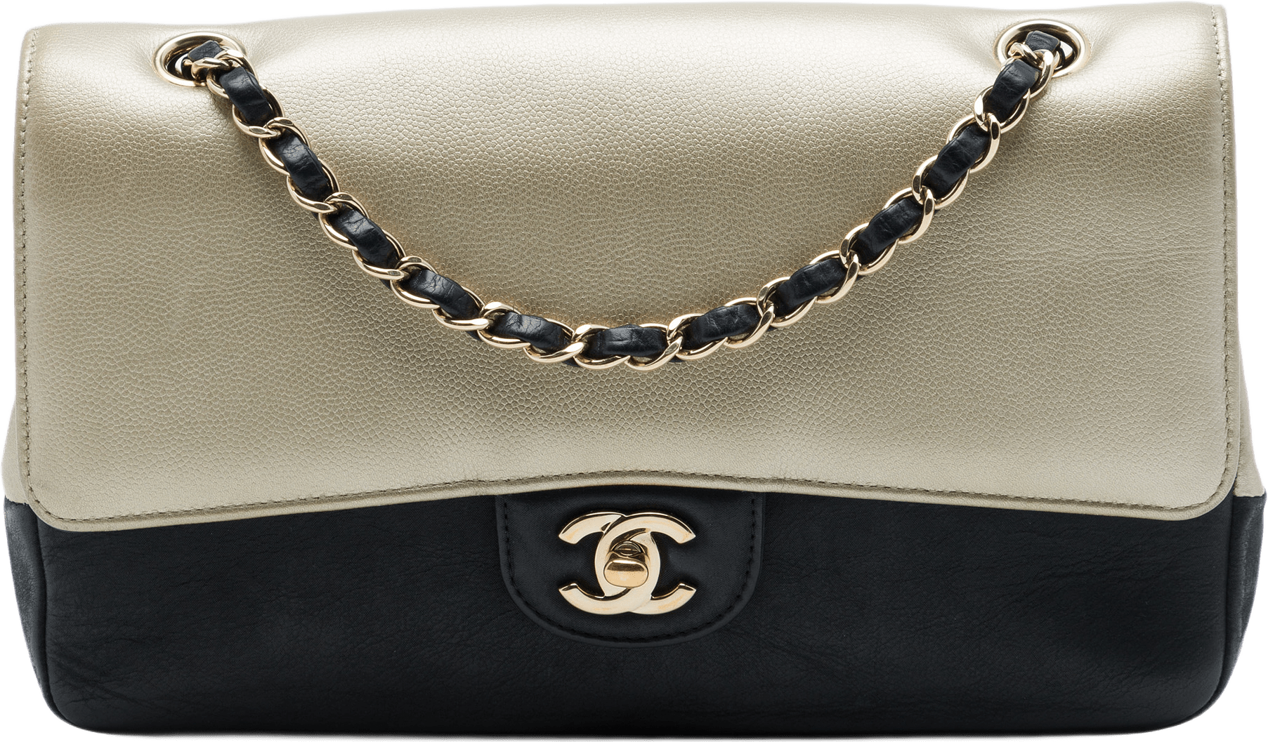 Chanel Medium Classic Bicolor Caviar And Iridescent Calfskin Double Flap, från Luxclusif, i färgen guld.