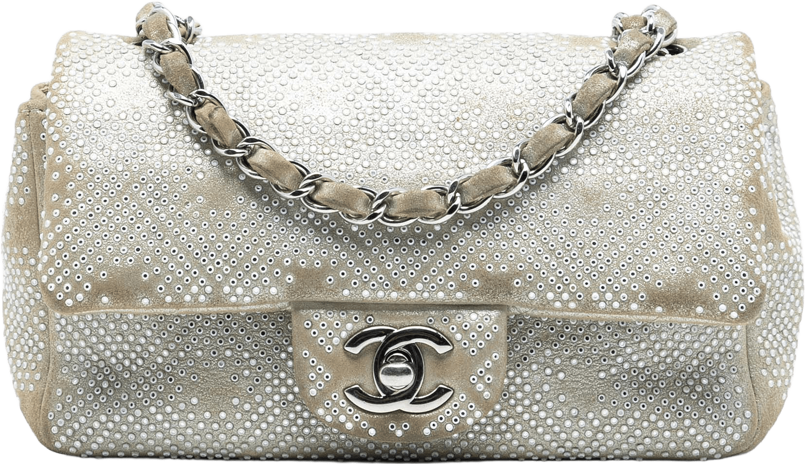 Chanel Mini Rectangular Iridescent Calfskin Strass Embellished Single Flap, från Luxclusif, i färgen beige.