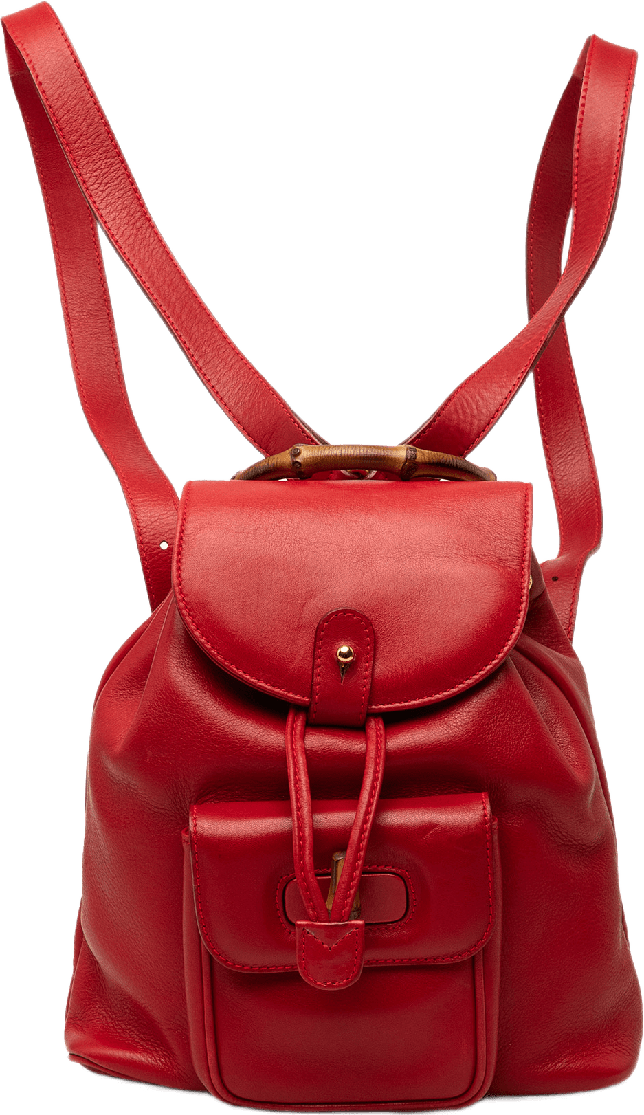 Gucci Calfskin Bamboo Drawstring Backpack, från Luxclusif, i färgen röd.