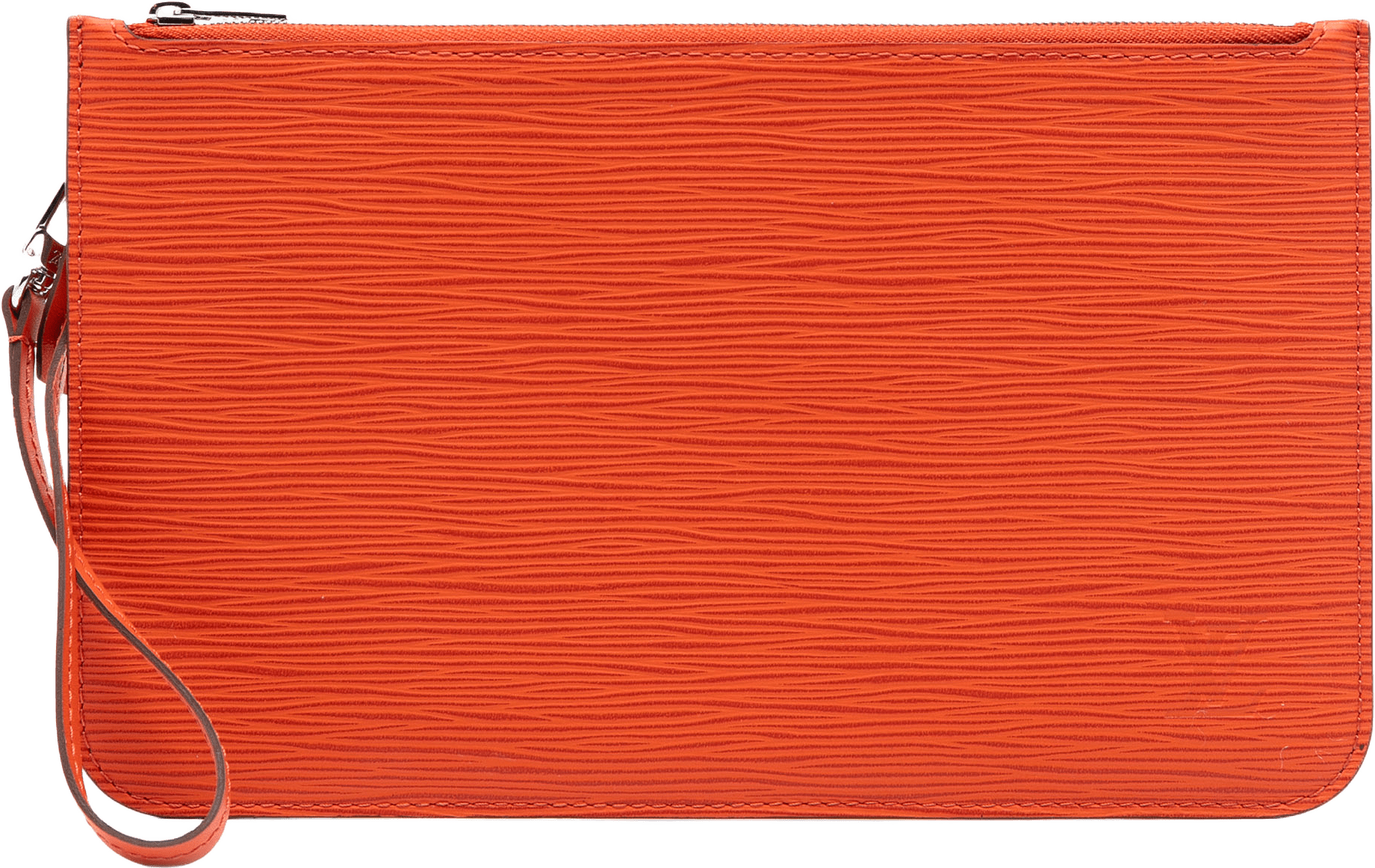 Louis Vuitton Epi Neverfull Pouch, från Luxclusif, i färgen orange.