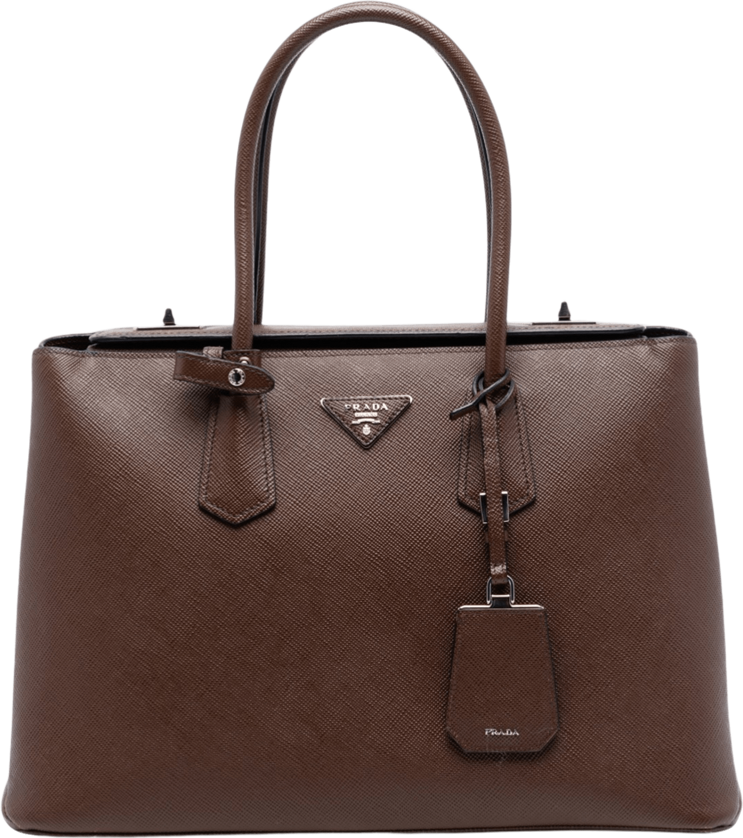 Prada Saffiano Cuir Turnlock Twin Satchel, från Luxclusif, i färgen dark brown.