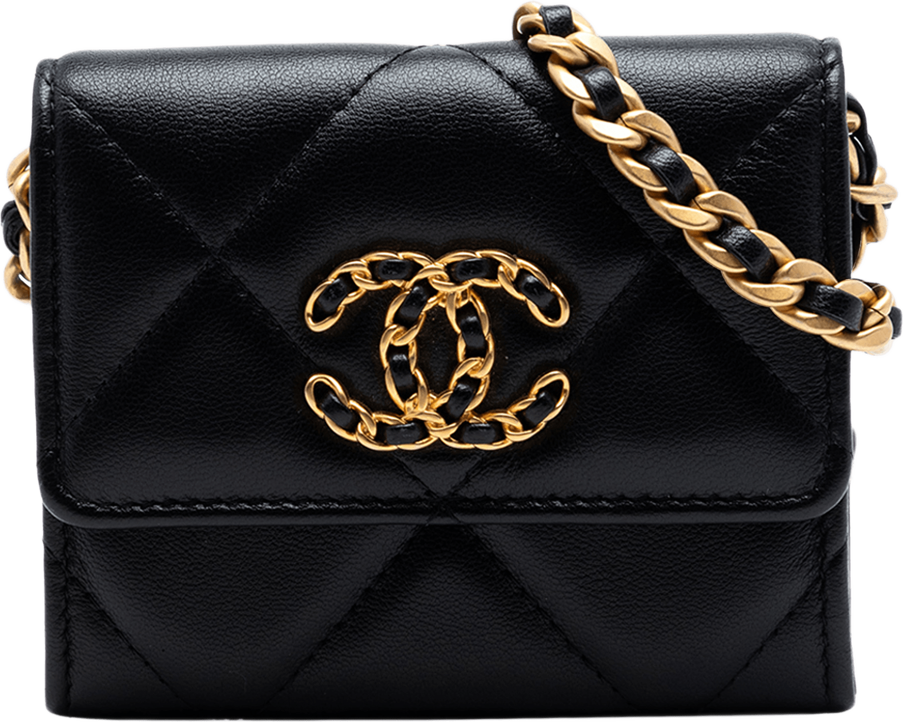 Chanel Quilted Lambskin 19 Flap Coin Purse With Chain, från Luxclusif, i färgen svart.