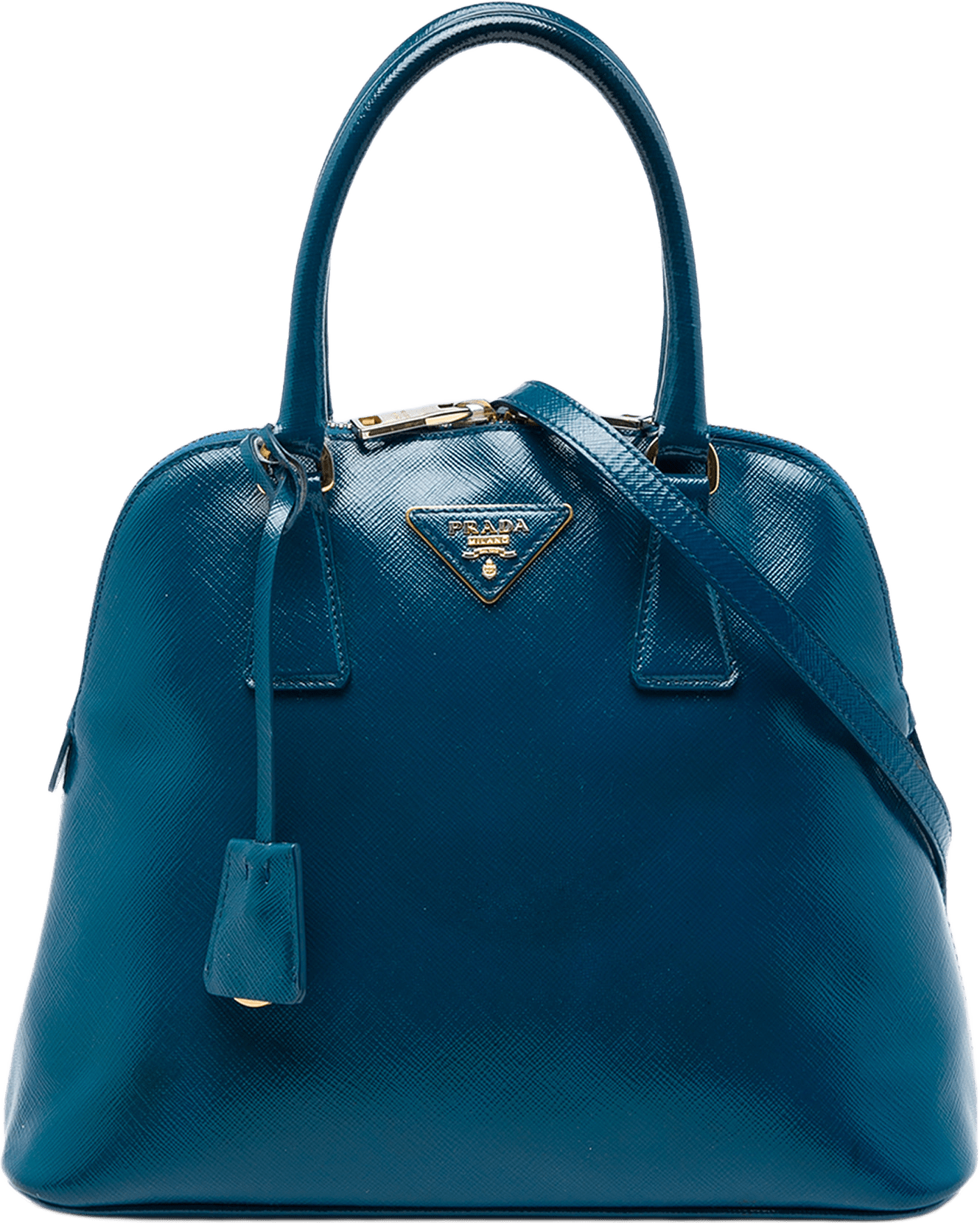 Prada Saffiano Vernice Dome Satchel, från Luxclusif, i färgen blå.