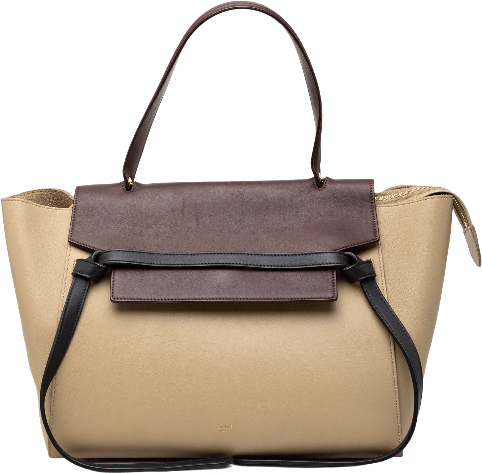Celine Mini Tricolor Grained Calfskin Belt Satchel, från Luxclusif, i färgen beige.