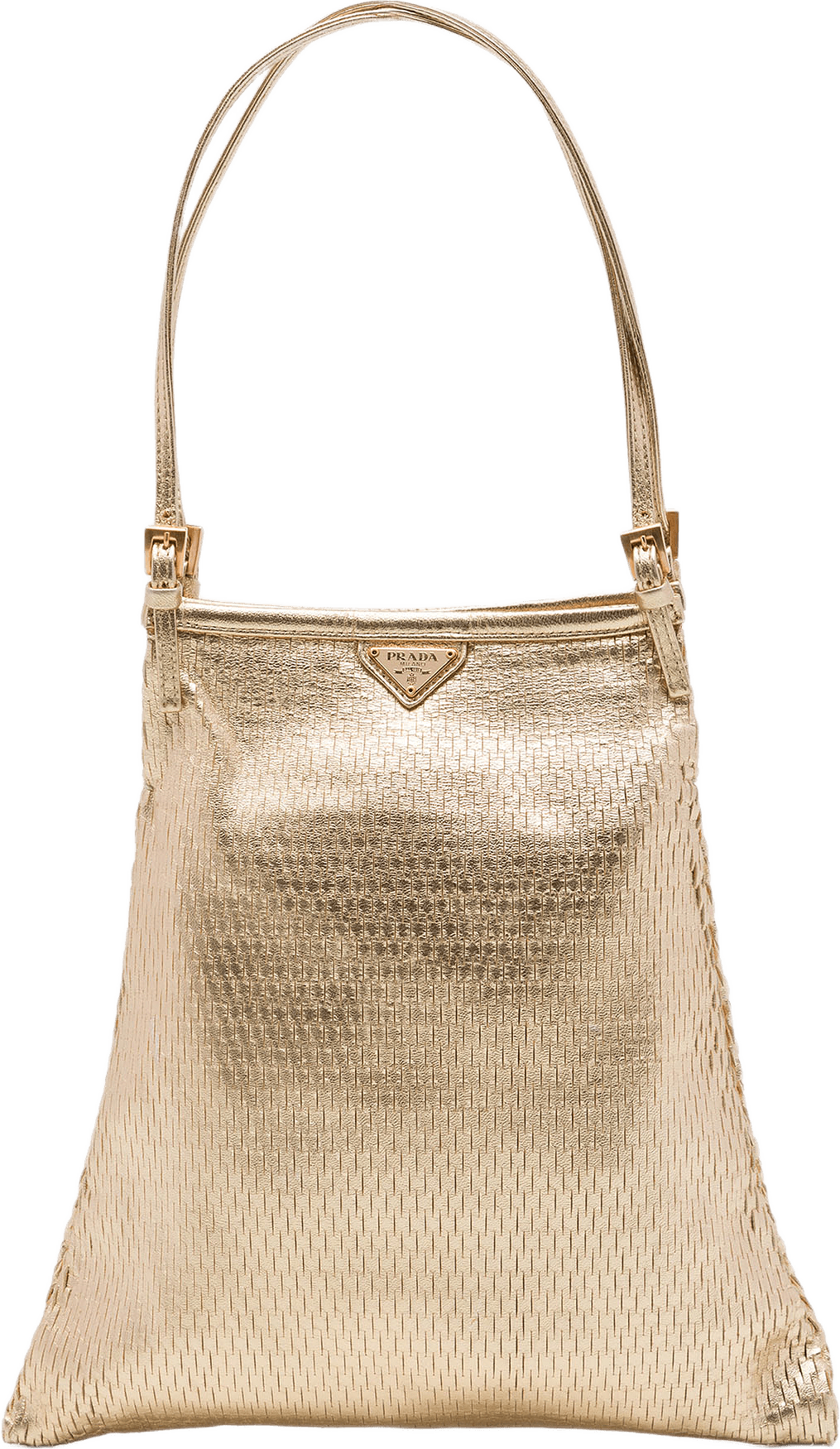 Prada Metallic Calfskin Woven Slit Patterned Handbag, från Luxclusif, i färgen guld.