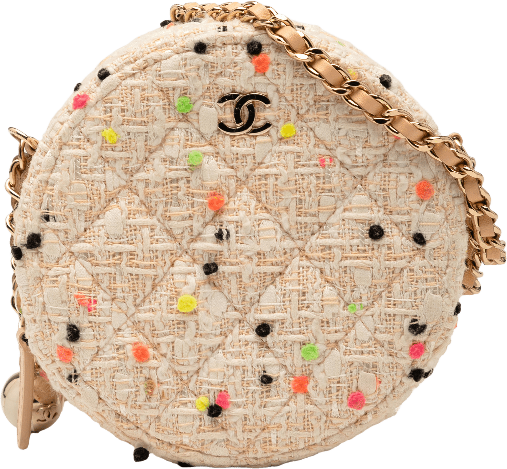 Chanel Cc Quilted Tweed Round Crossbody, från Luxclusif, i färgen light beige.