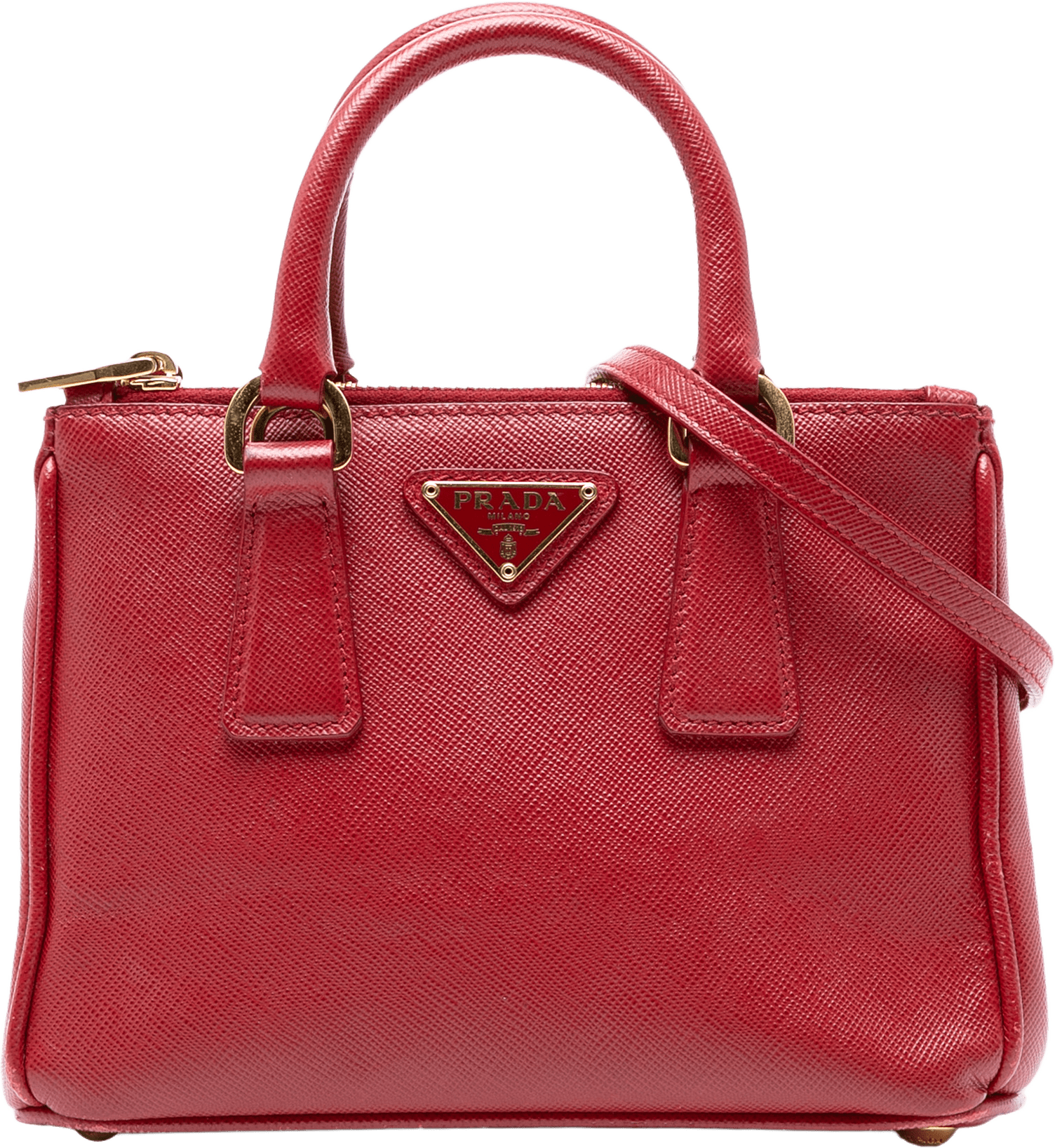 Prada Micro Saffiano Galleria Double Zip Satchel, från Luxclusif, i färgen red.