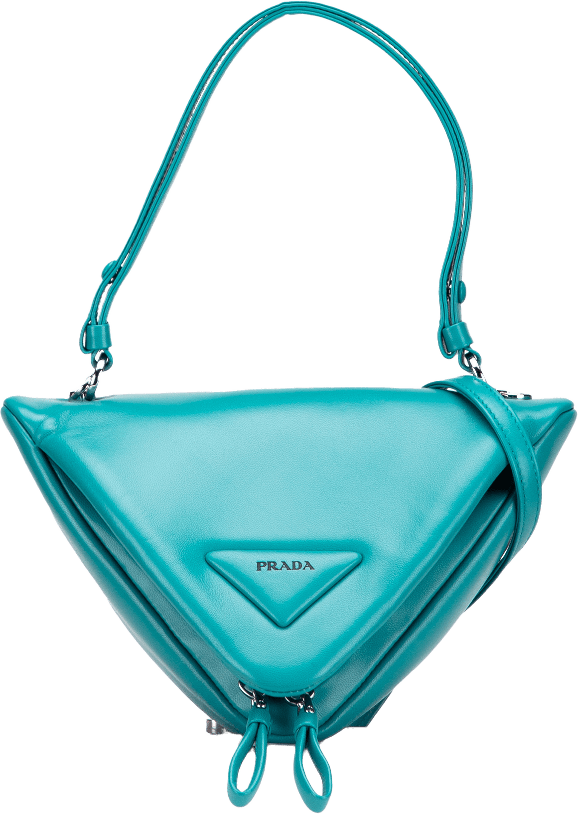 Prada Nappa Padded Signaux Triangle Satchel, från Luxclusif, i färgen turquoise.