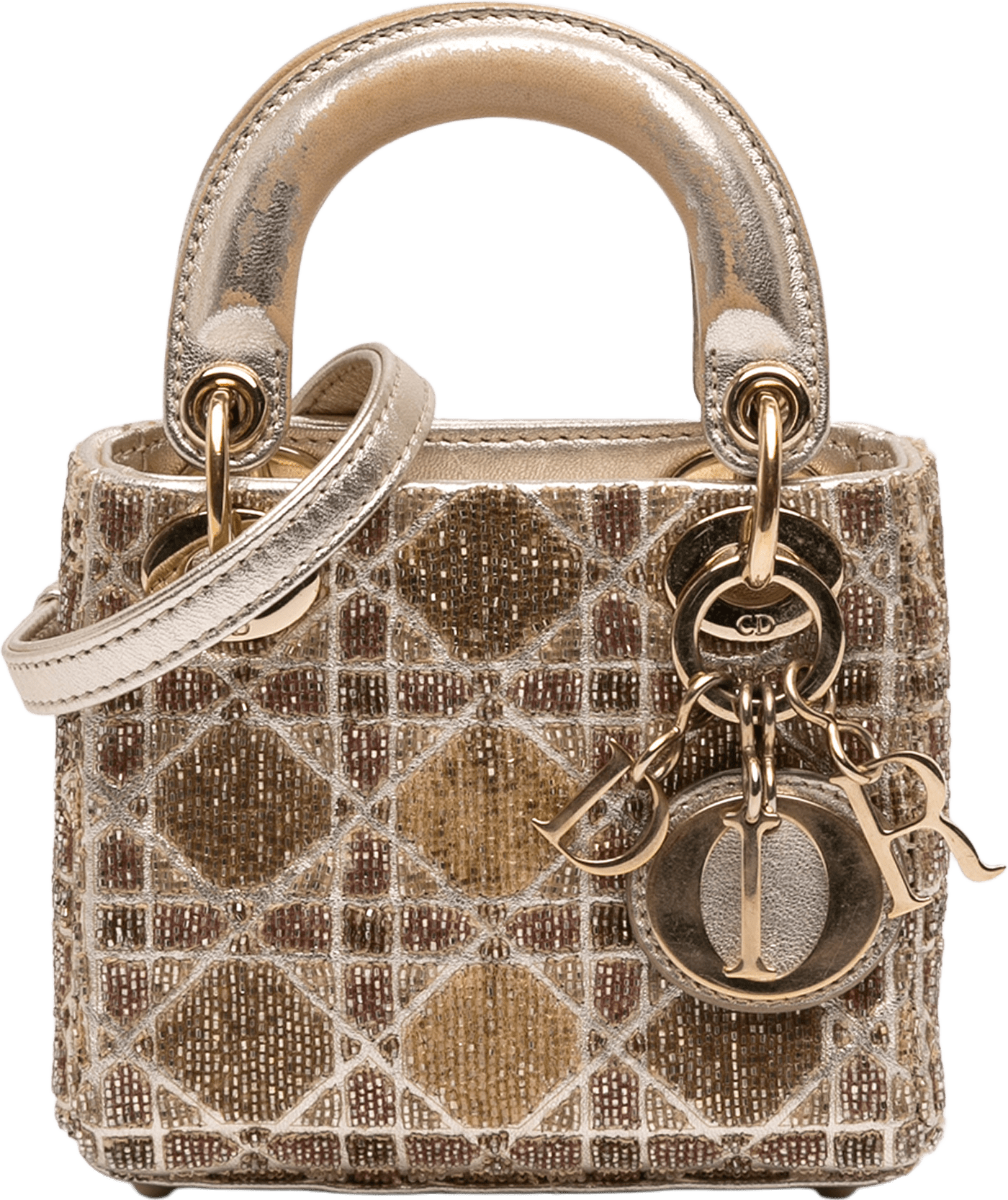 Dior Micro Metallic Calfskin Cannage Beaded Lady Dior, från Luxclusif, i färgen gold.