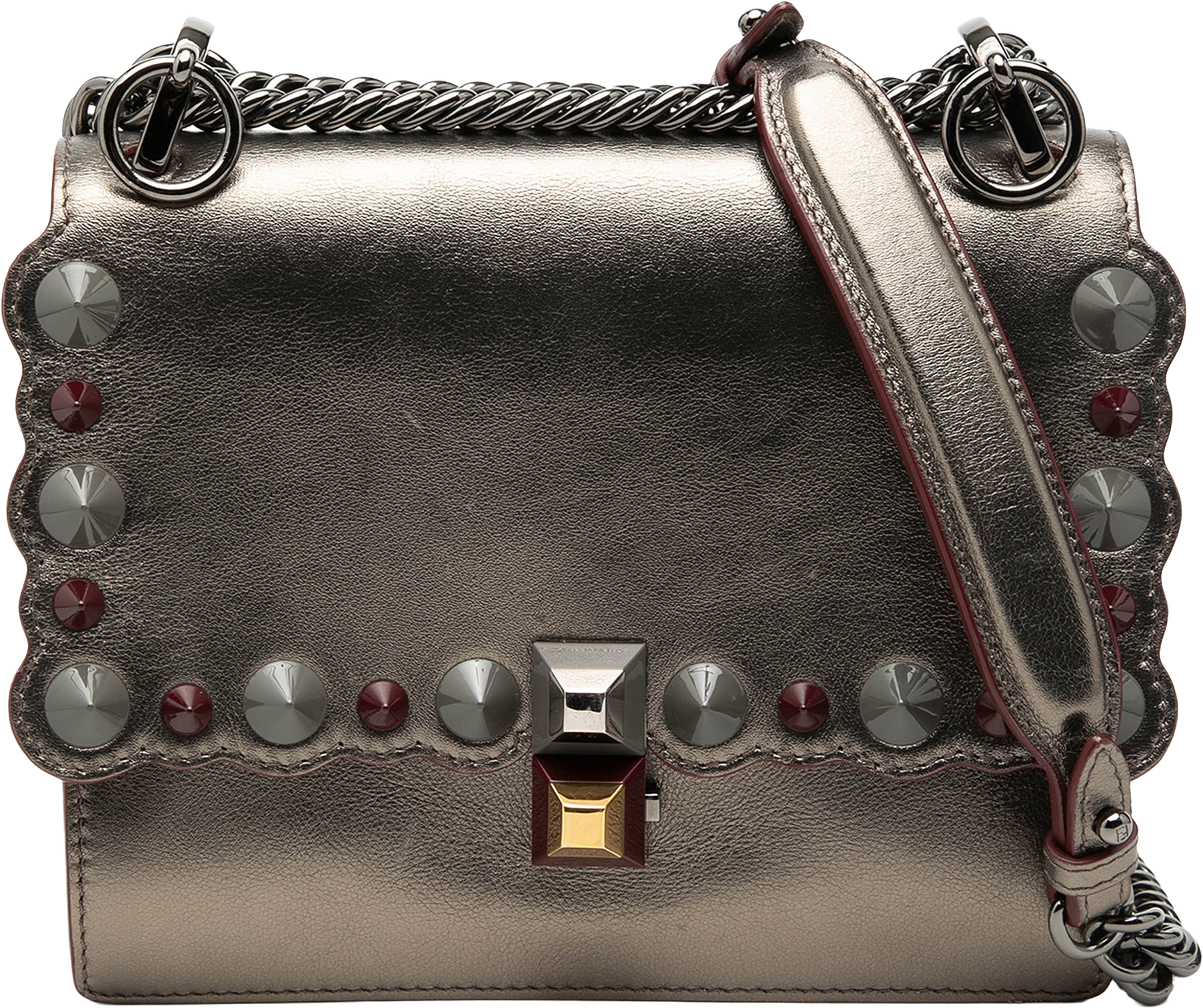 Fendi Mini Scalloped Metallic Studded Leather Kan I Crossbody, från Luxclusif, i färgen gold.