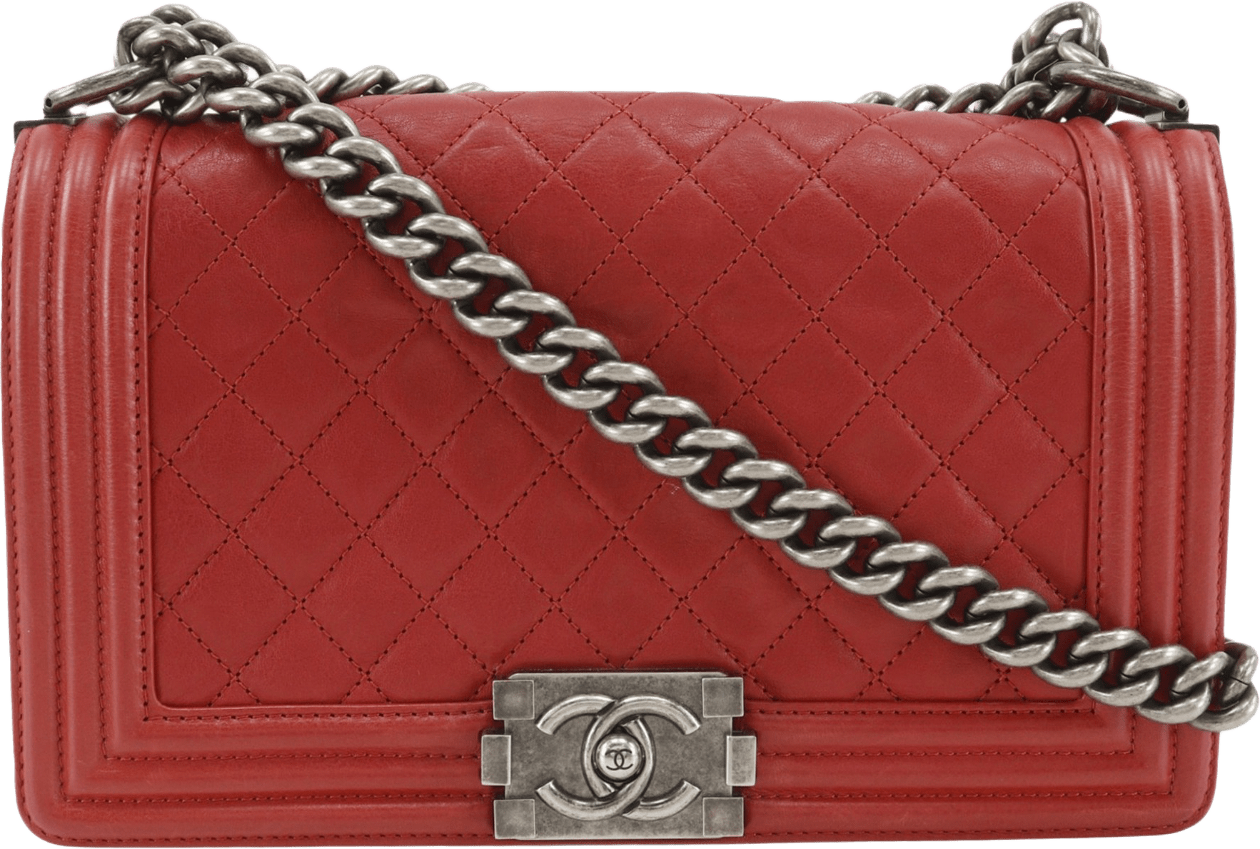 Chanel Old Medium Quilted Lambskin Boy Flap, från Luxclusif, i färgen red.