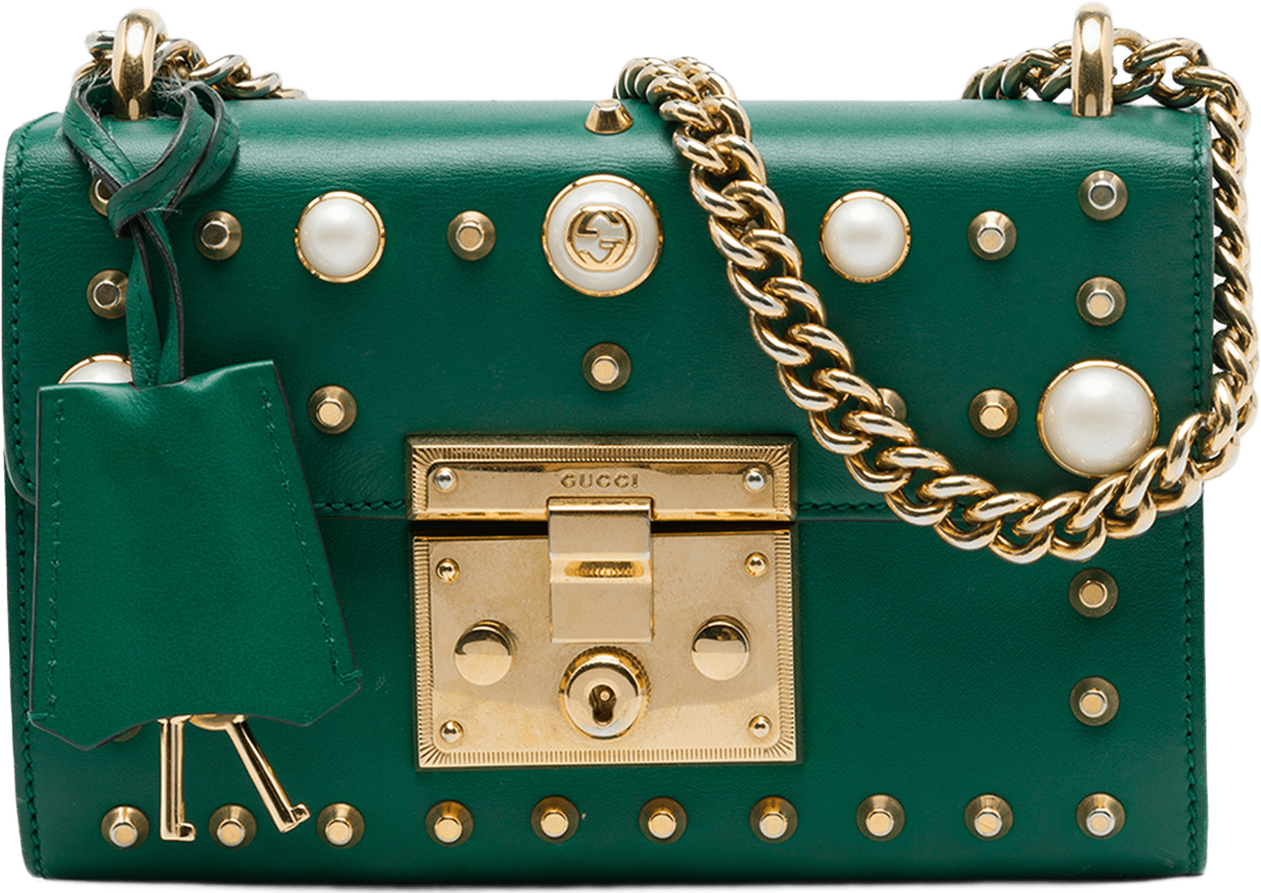 Gucci Small Pearl Studded Leather Padlock Crossbody, från Luxclusif, i färgen grön.