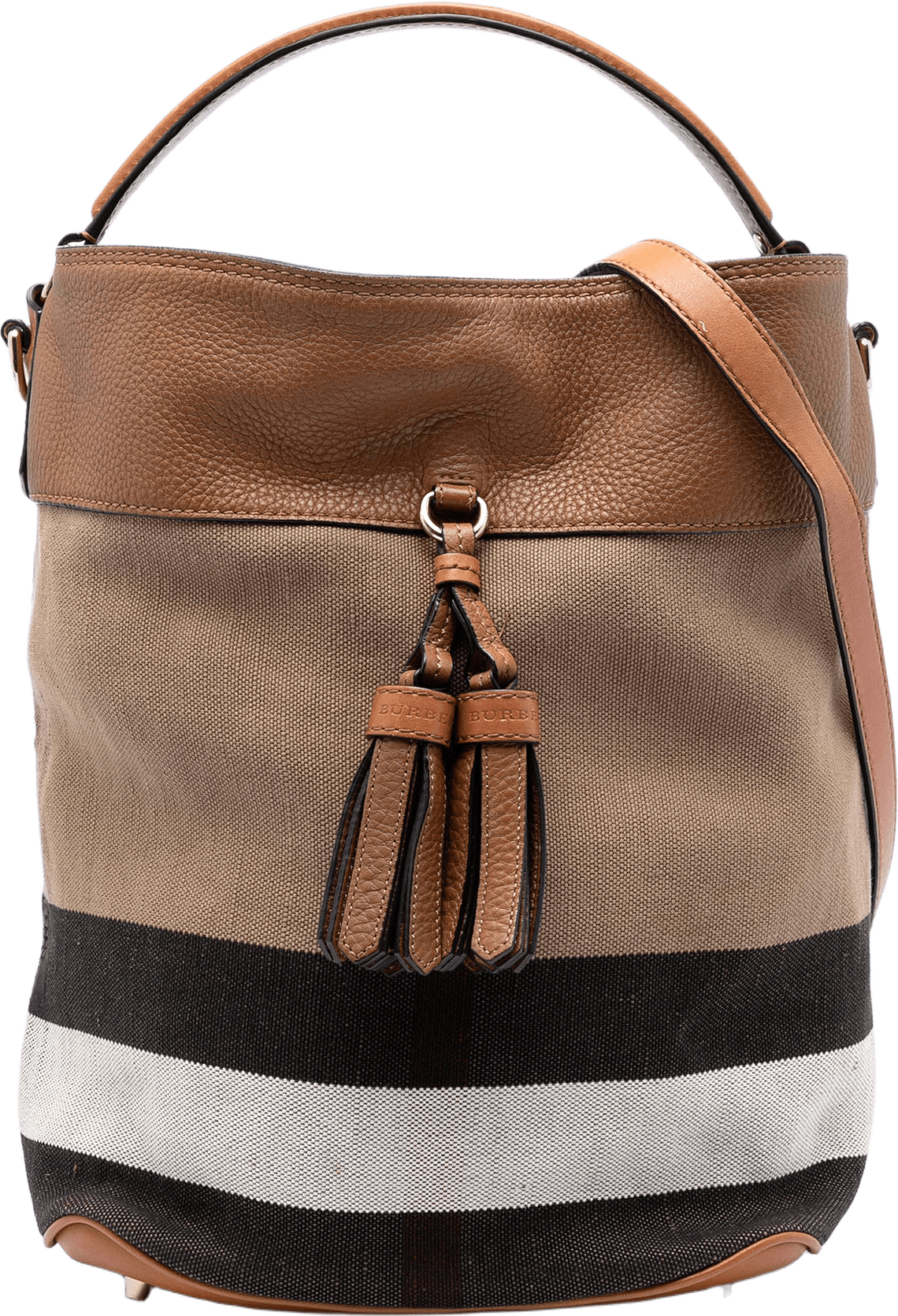 Burberry Medium Mega Check Canvas And Grained Calfskin Ashby Tassel Bucket Bag, från Luxclusif, i färgen light brown.