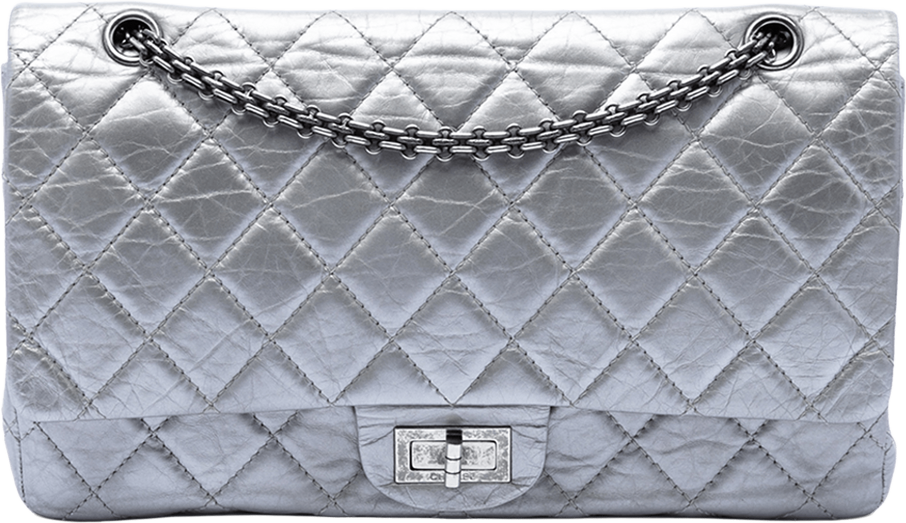 Chanel Quilted Metallic Aged Calfskin Reissue 2.55 Double Flap 227, från Luxclusif, i färgen silver.