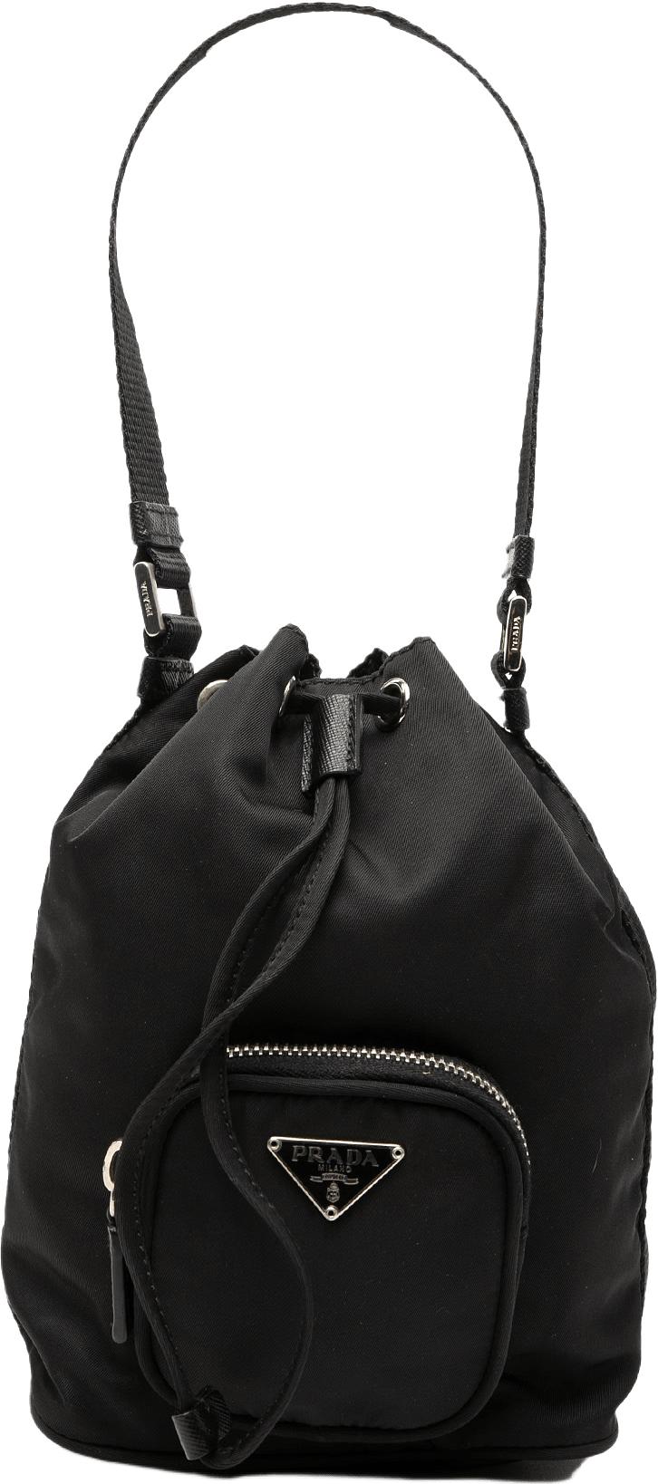 Prada Mini Tessuto Drawstring Bucket Bag, från Luxclusif, i färgen black.