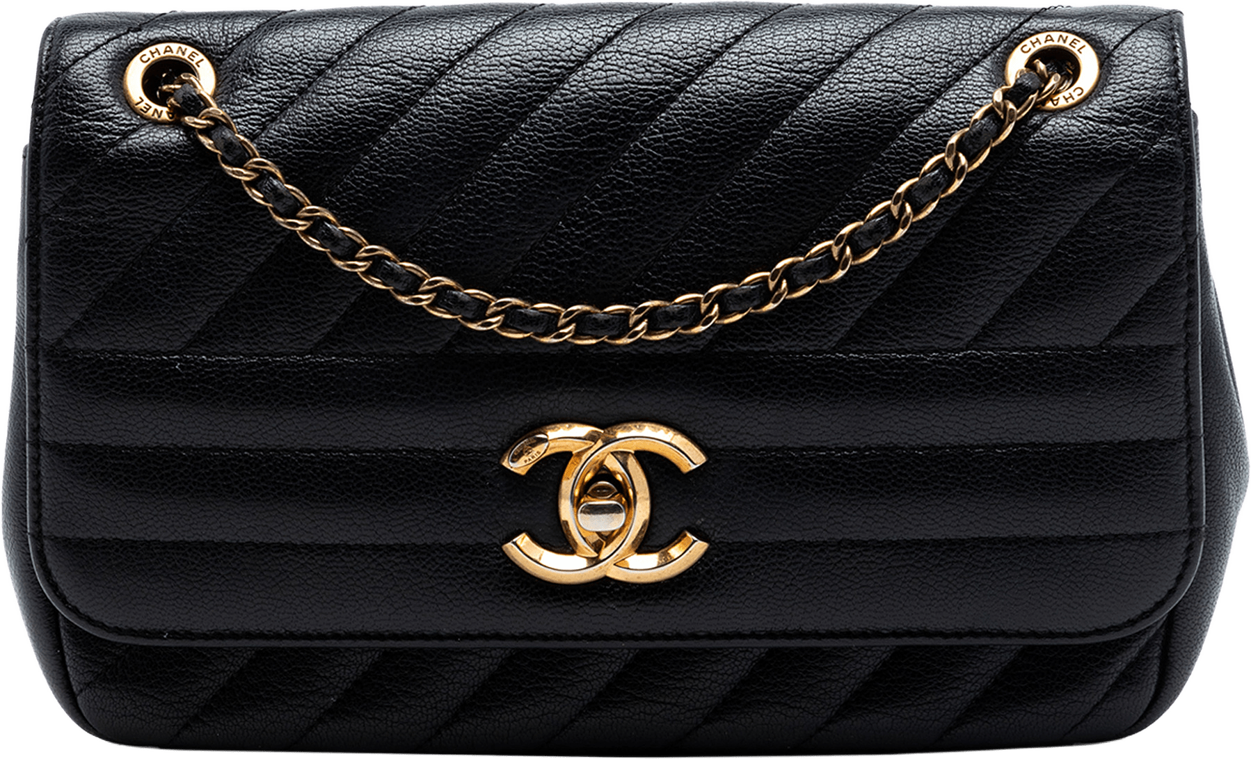 Chanel Small Cc Diagonal Quilted Goatskin Flap, från Luxclusif, i färgen black.