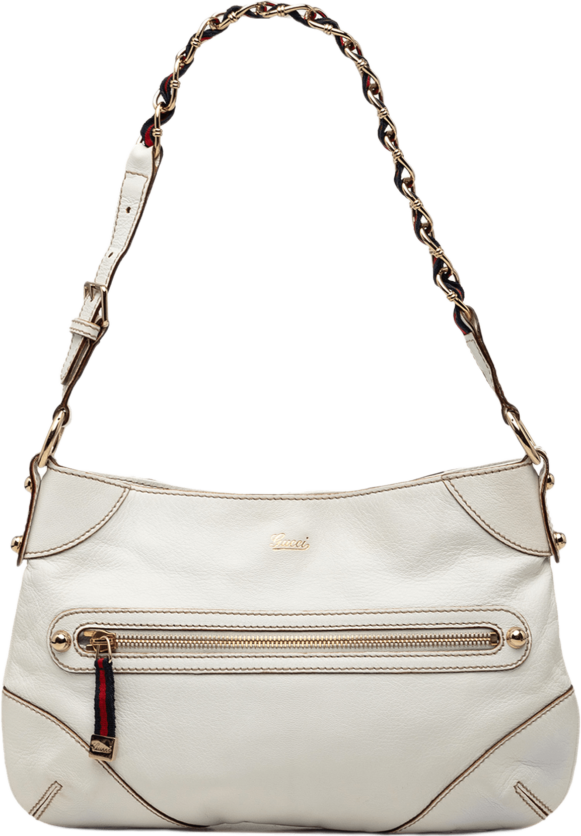 Gucci Calfskin Web Capri Ranch Kid Shoulder Bag, från Luxclusif, i färgen vit.
