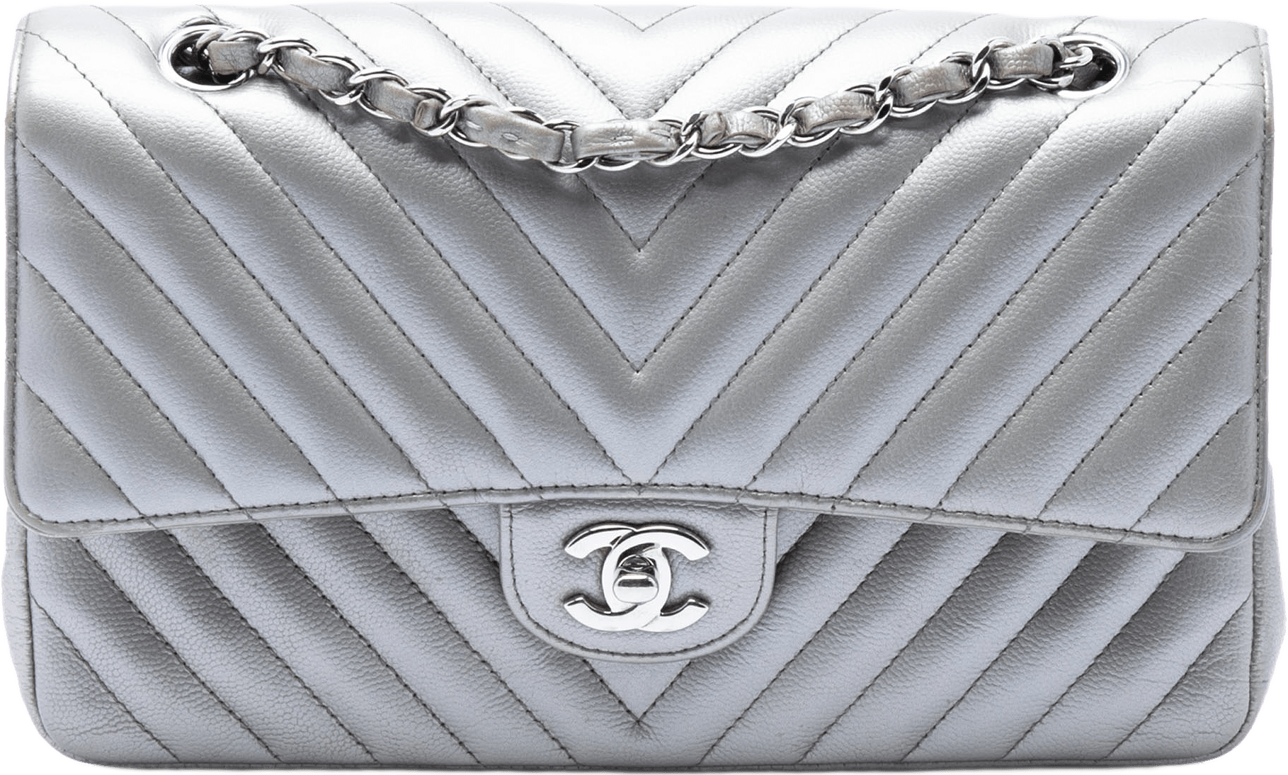 Chanel Medium Classic Chevron Metallic Caviar Double Flap, från Luxclusif, i färgen silver.