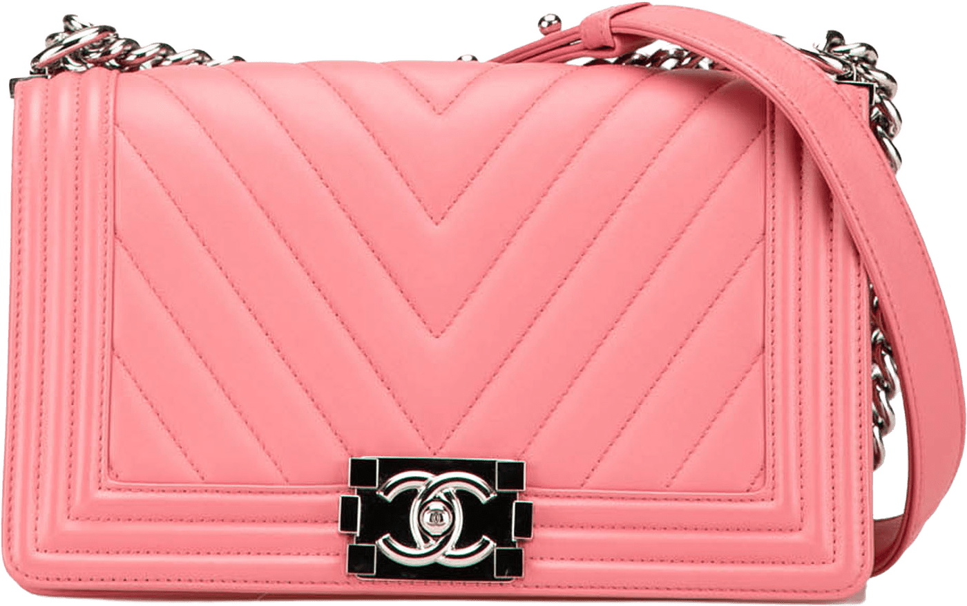 Chanel Old Medium Chevron Lambskin Boy Flap, från Luxclusif, i färgen pink.