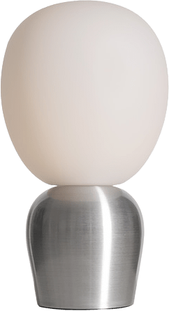 Bordslampa Buddy, från Belid, i färgen slipad aluminium/opal glas.