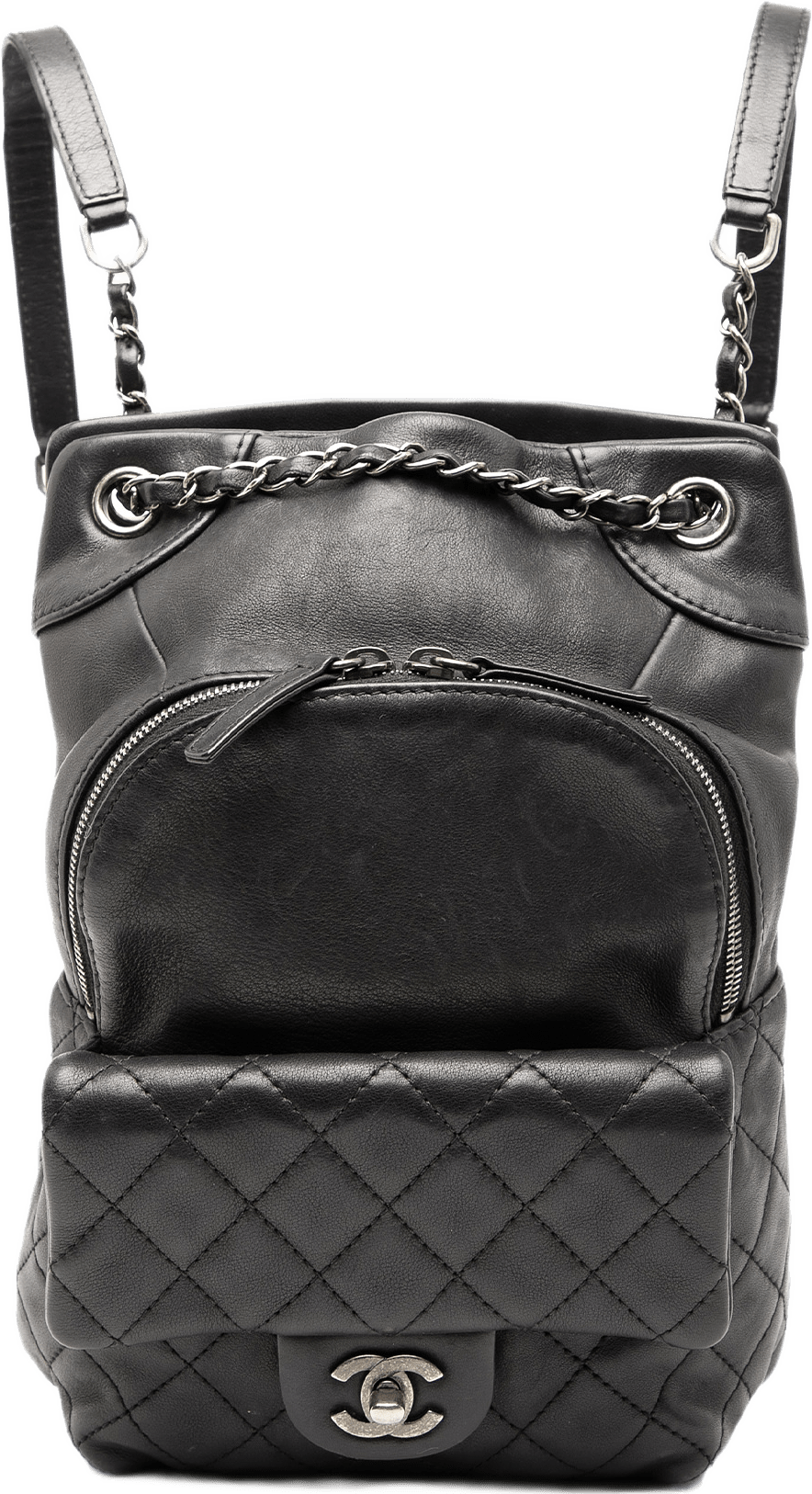 Chanel Small Cc Calfskin Drawstring Flap Backpack, från Luxclusif, i färgen svart.