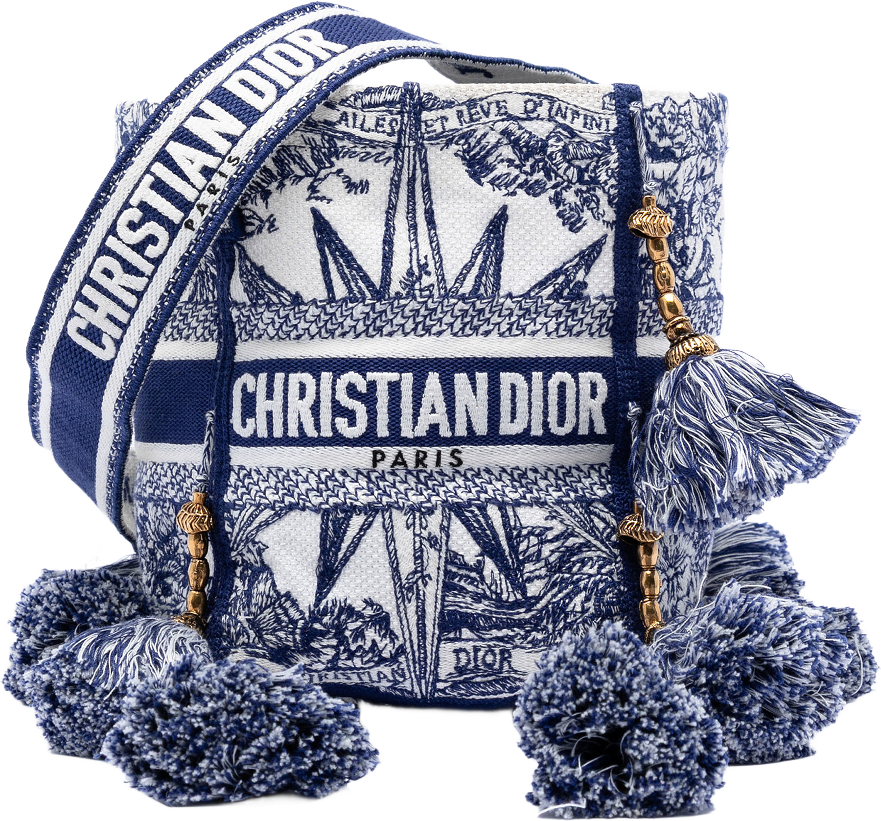 Dior Canvas Embroidered Reve D Infini D Bubble Bucket Bag, från Luxclusif, i färgen blue.