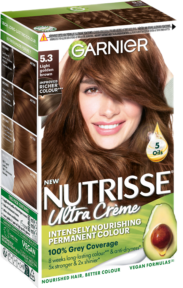 Nutrisse Permanent Nourishing Hair Color Nivå 3, från Garnier, i färgen 5.3 Light Golden Brown.