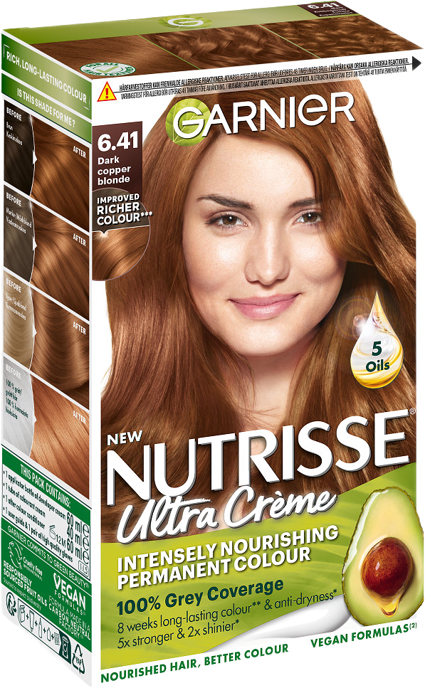 Nutrisse Permanent Nourishing Hair Color Nivå 3, från Garnier, i färgen 6.41 Dark Copper Blonde.