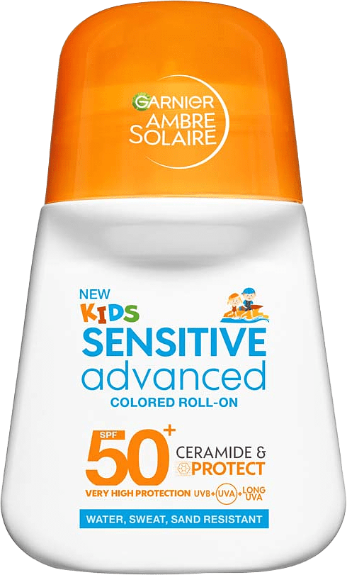 Ambre Solaire Kids Sensitive Advanced Ceramide Protect Colored Roll-On SPF50+, från Garnier.