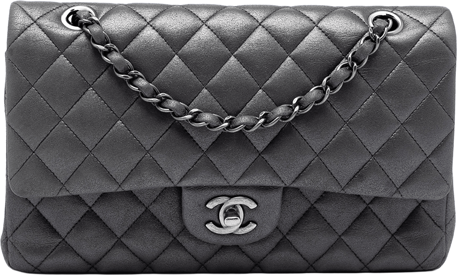 Chanel Medium Classic Iridescent Lambskin Double Flap, från Luxclusif, i färgen dark gray.