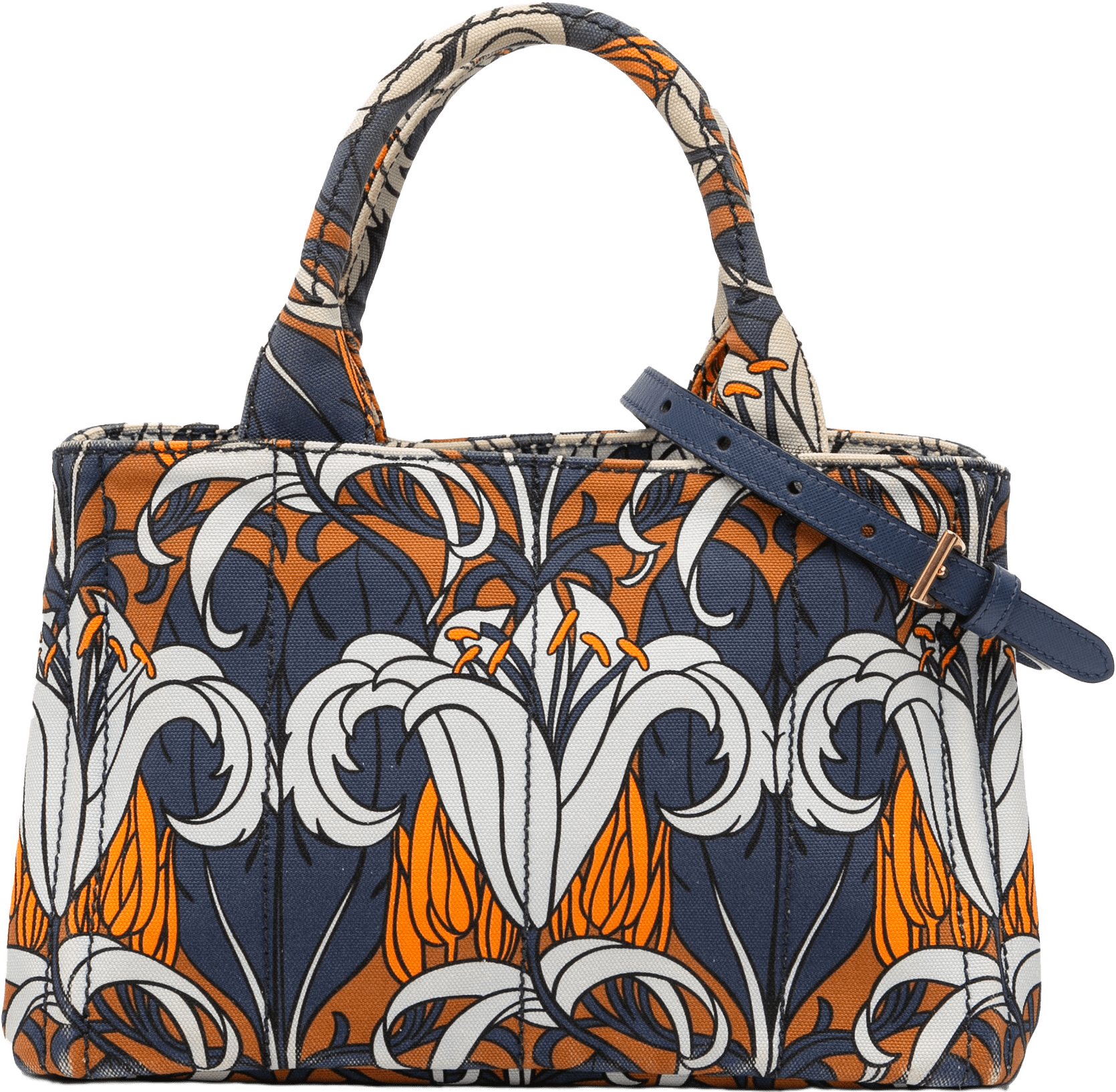 Prada Small Floral Printed Canvas Canapa Satchel, från Luxclusif, i färgen blue.