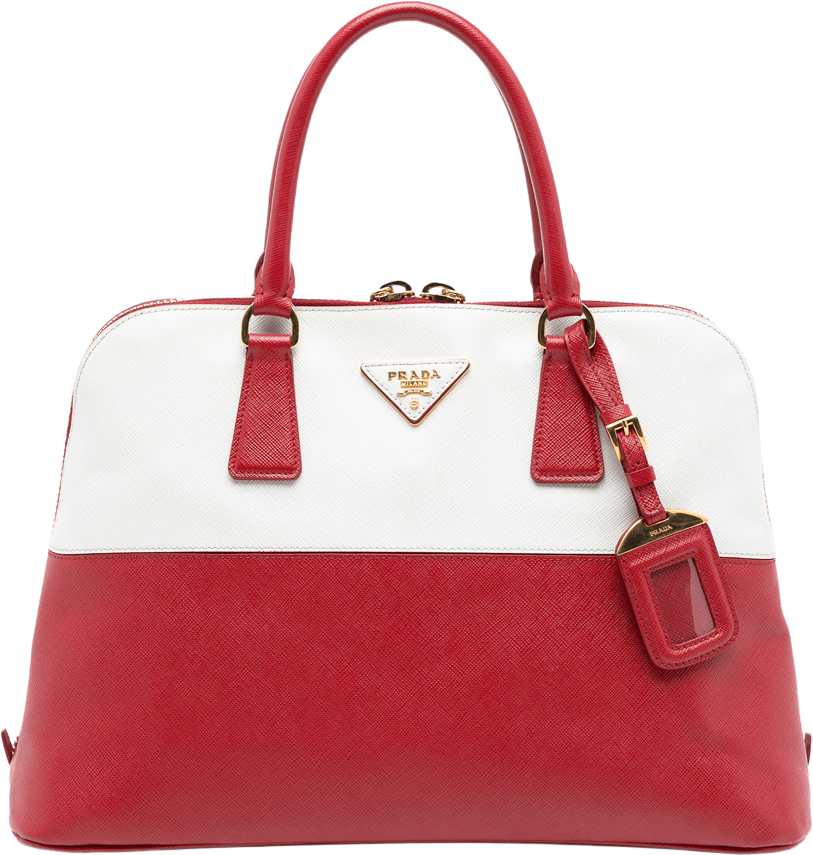 Prada Medium Bicolor Saffiano Lux Promenade Satchel, från Luxclusif, i färgen red.