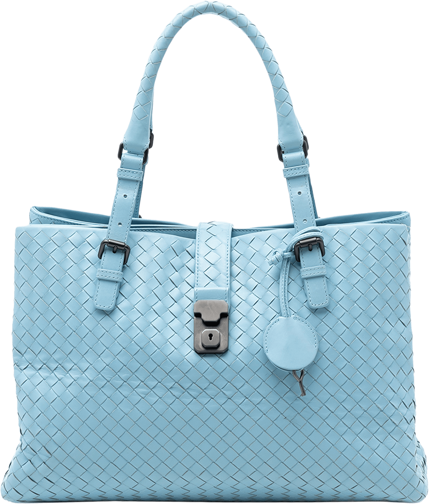 Bottega Veneta Medium Nappa Intrecciato Roma Tote, från Luxclusif, i färgen light blue.