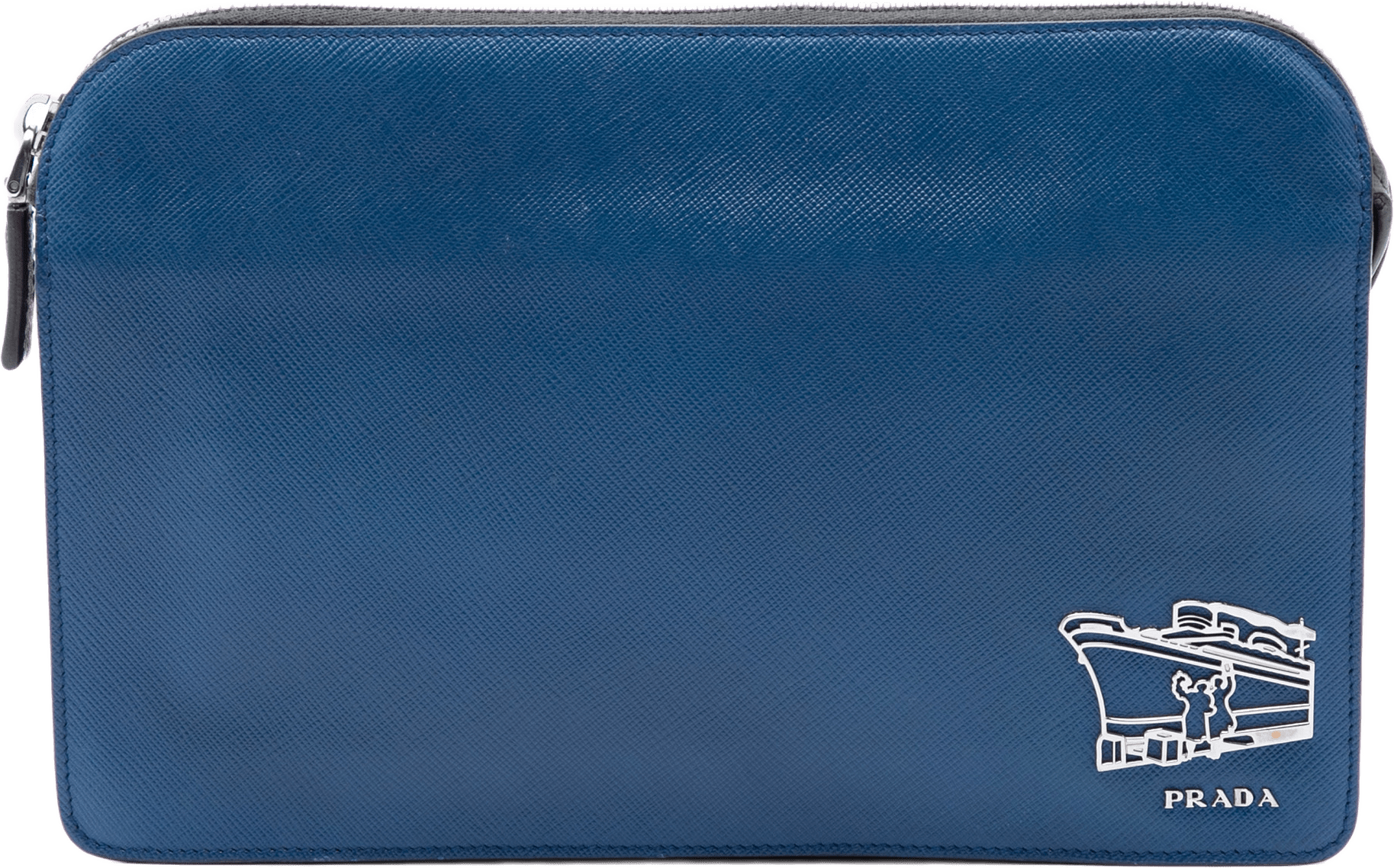 Prada Saffiano Cruise Ship Voyage Clutch, från Luxclusif, i färgen blå.