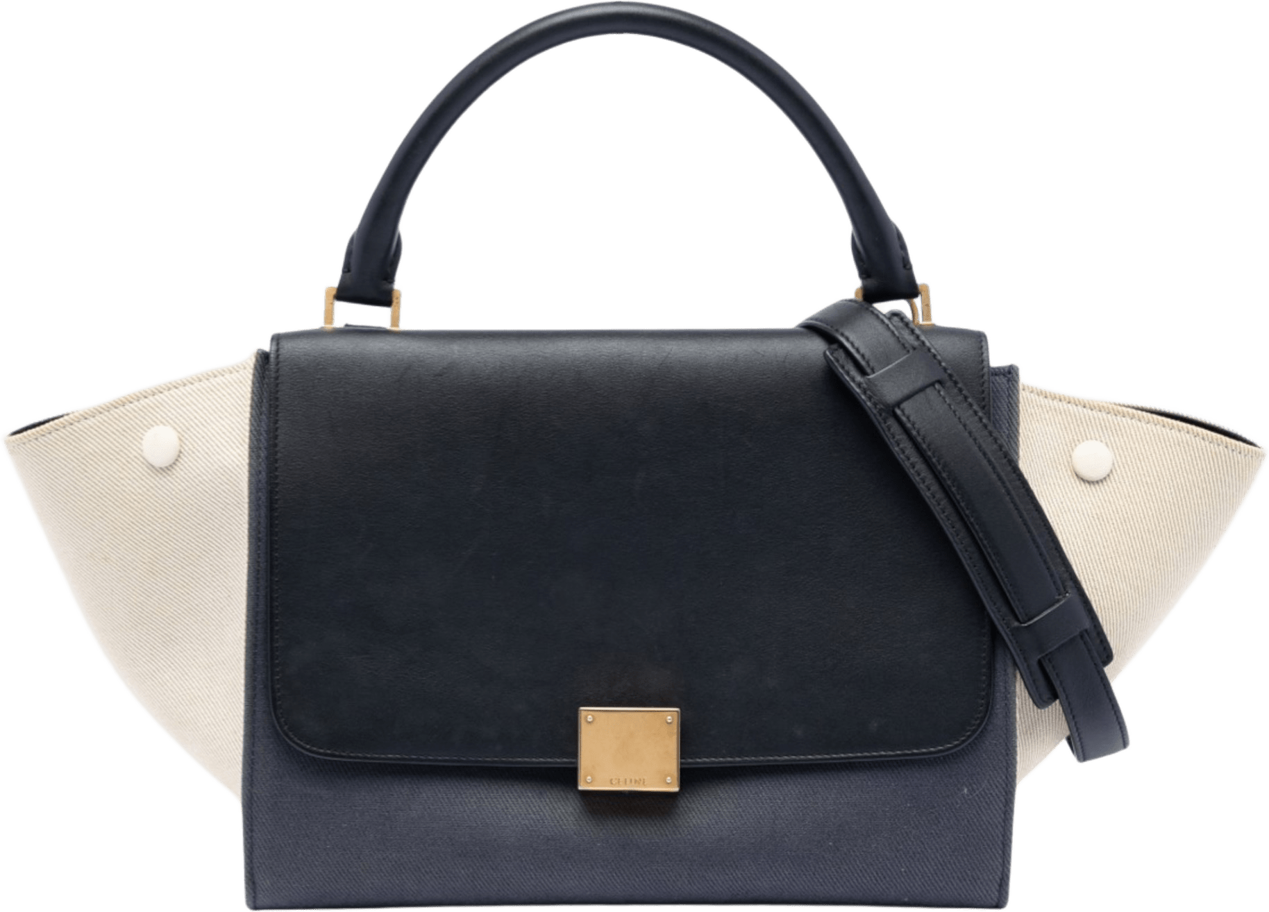 Celine Small Tricolor Canvas And Calfskin Trapeze Satchel, från Luxclusif, i färgen navy.