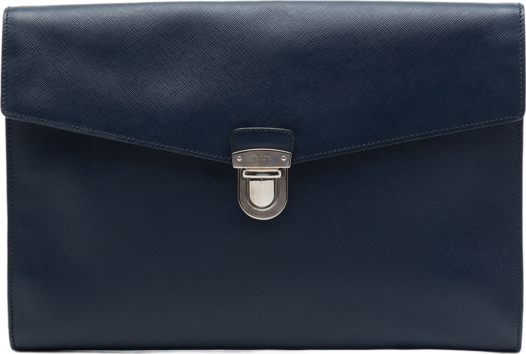 Prada Large Saffiano Lux Envelope Pushlock Clutch, från Luxclusif, i färgen blå.