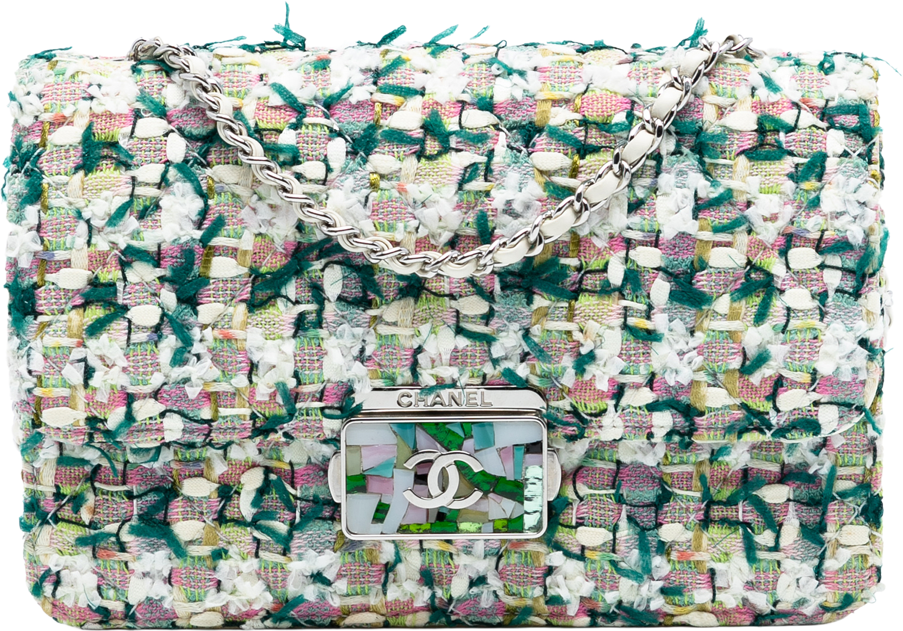 Chanel Mini Quilted Tweed Beauty Lock Flap, från Luxclusif, i färgen green.