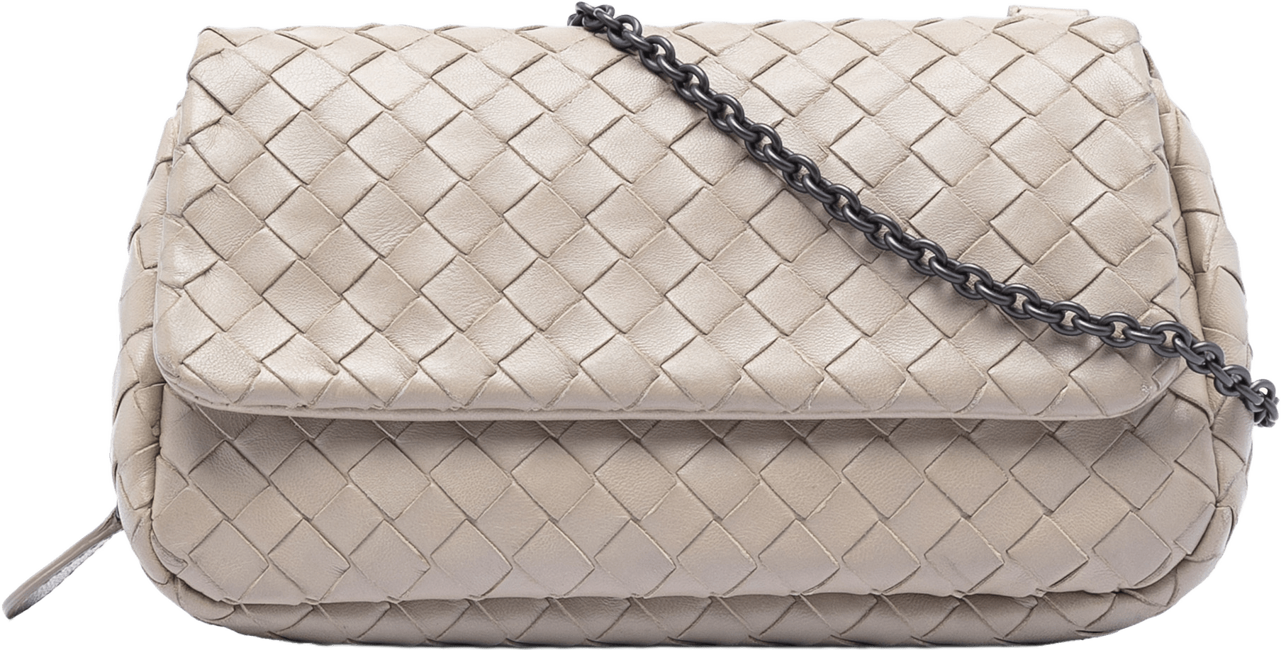 Bottega Veneta Mini Nappa Intrecciato Expandable Chain Flap Crossbody, från Luxclusif, i färgen beige.